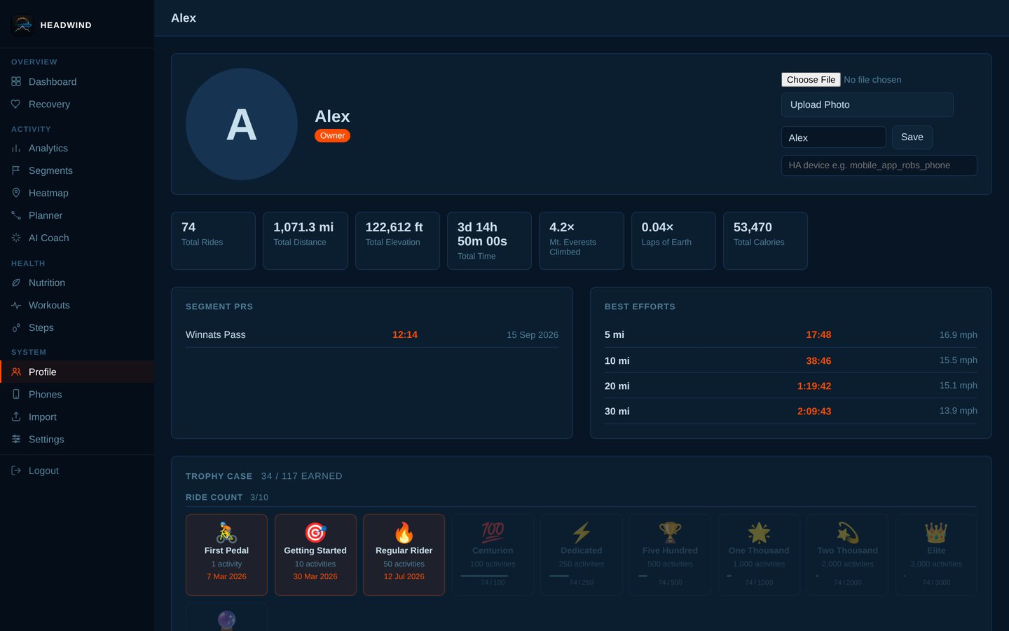 Profile and trophy case: lifetime stats, segment PRs, best efforts and badges.