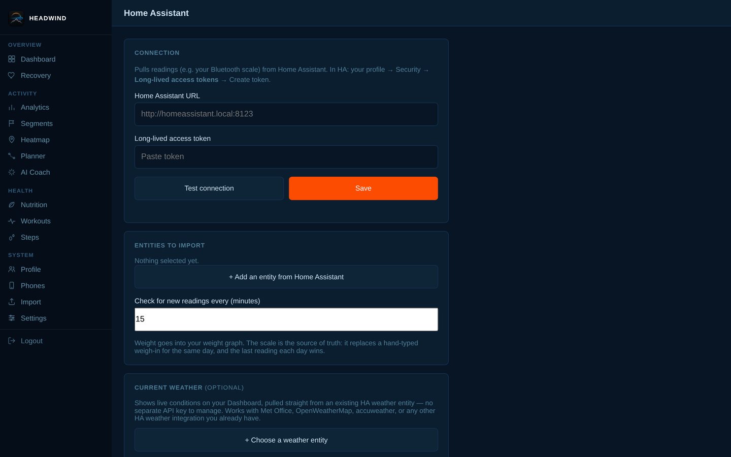 Home Assistant: connect with a long-lived token and import health readings.