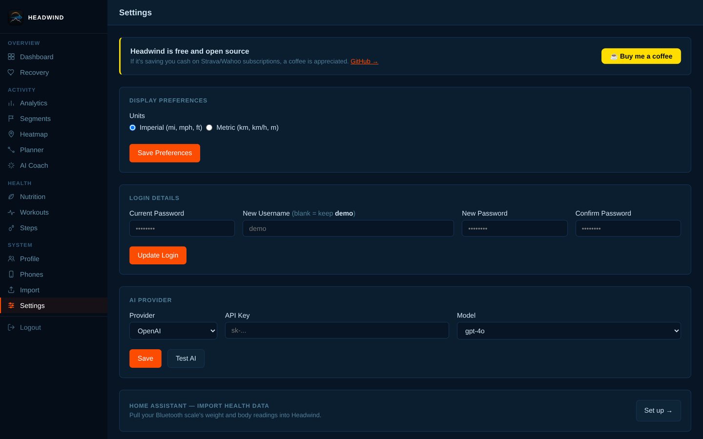 Settings: units, login details, AI provider, Garmin Connect, weather backfill, backup and restore.