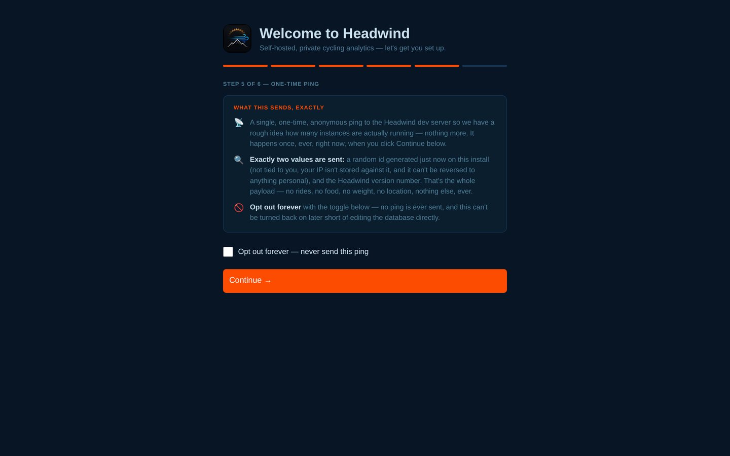 Step 5: the one-time anonymous install ping, with a permanent opt-out.