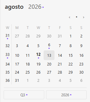 The calendar panel: week numbers down the left, dots marking days that already have notes, and quarter and year buttons at the bottom