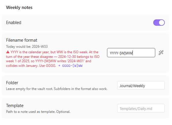 The settings screen catching a broken week format: it explains that combining the calendar year with the ISO week writes 2024-W01 for a date that belongs to ISO week 1 of 2025, and offers the corrected format as a one-click fix