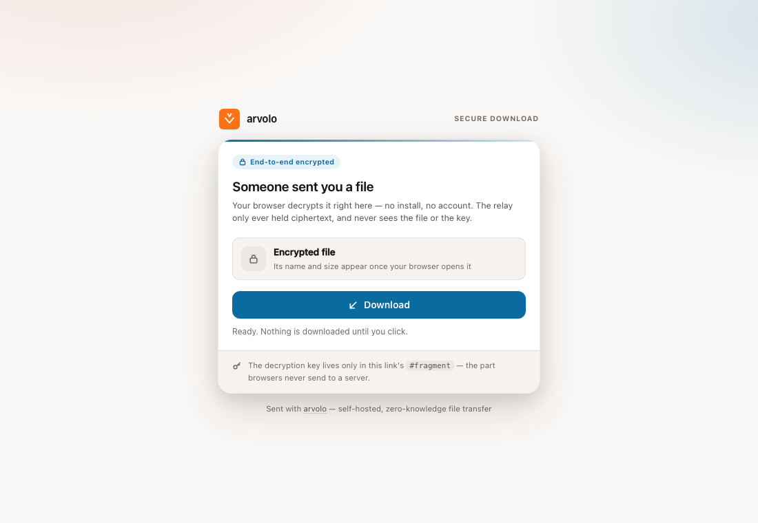 Opening an Arvolo link in a browser: the file decrypts right there — the
decryption key lives only in the link's #fragment, which browsers never send
to the server