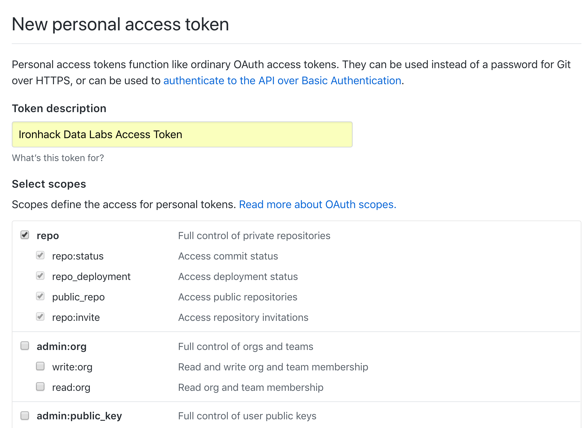 Github create personal token