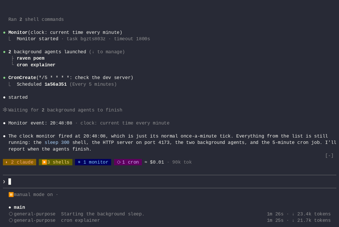 Rabe in a Claude Code session: the band above the prompt lists two agents, three shells (one of them started by an agent), a monitor, a cron job and the cost; /rabe opens the pane, the arrow keys move through the list and the detail beside it follows, a click selects the agent's shell and a second click opens it, b goes back, then the Cost and Timeline tabs show, and Esc closes the pane