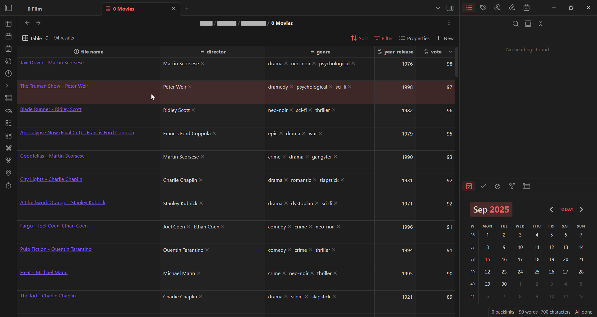 Bases table example in dark mode