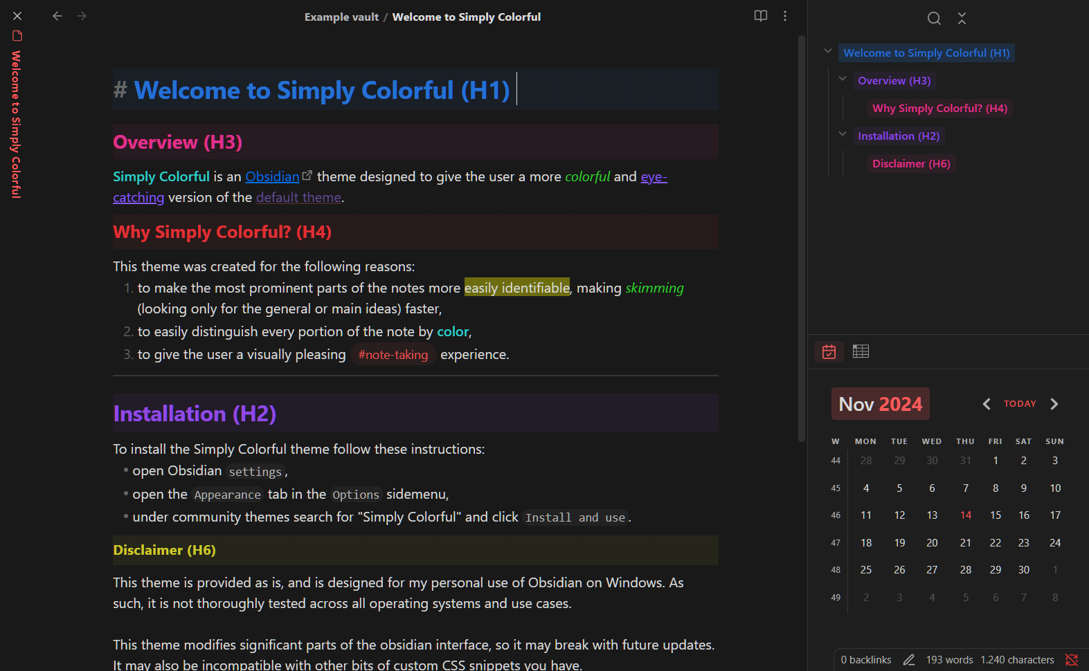 Live preview and note outline example in dark mode