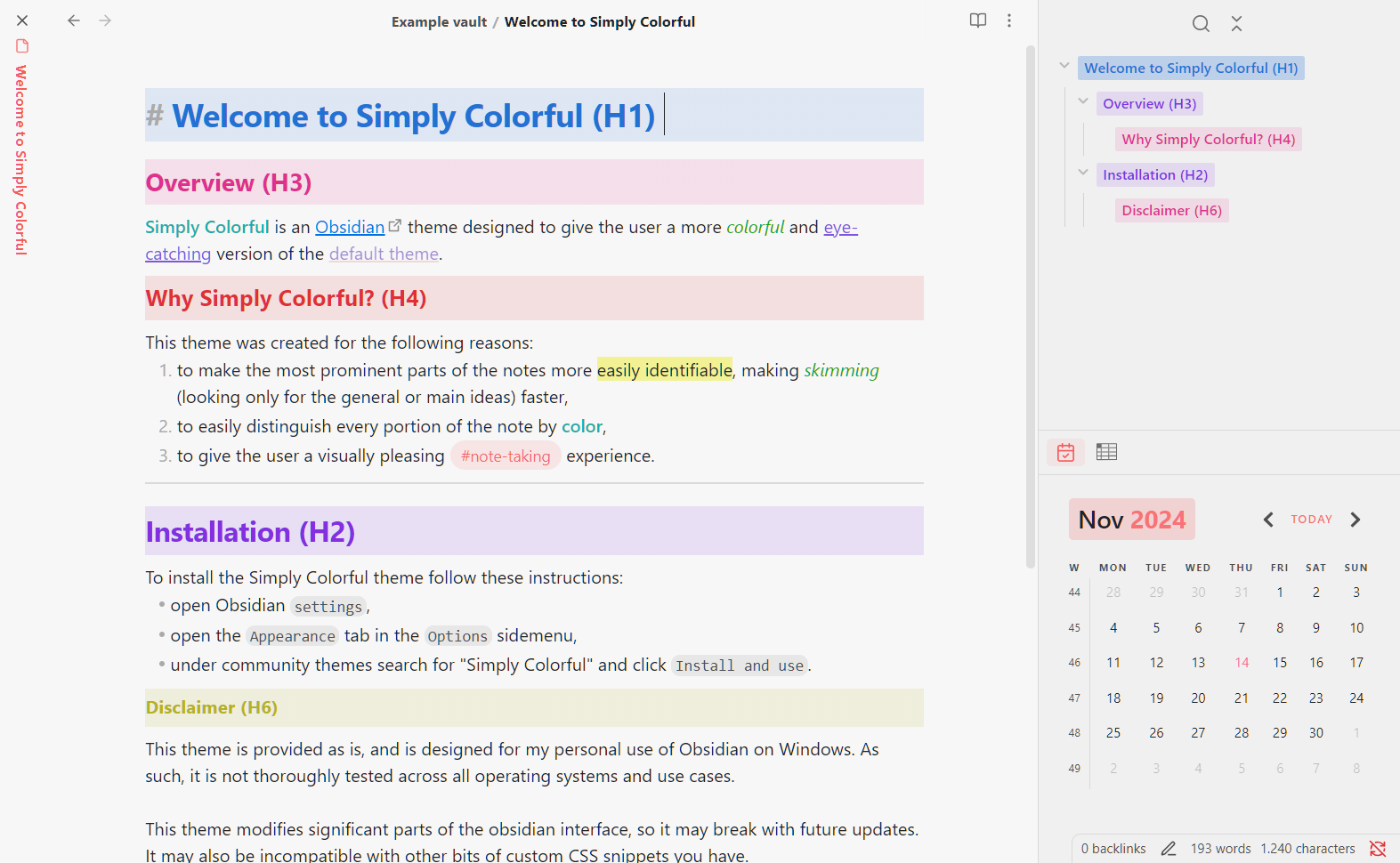 Live preview and note outline example in light mode