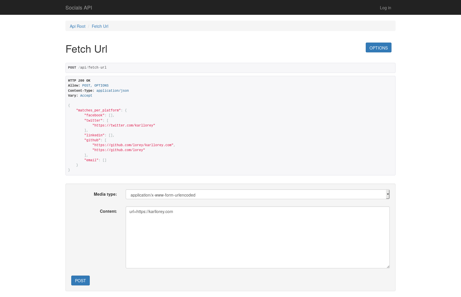 Screenshot of socials API's browsable API