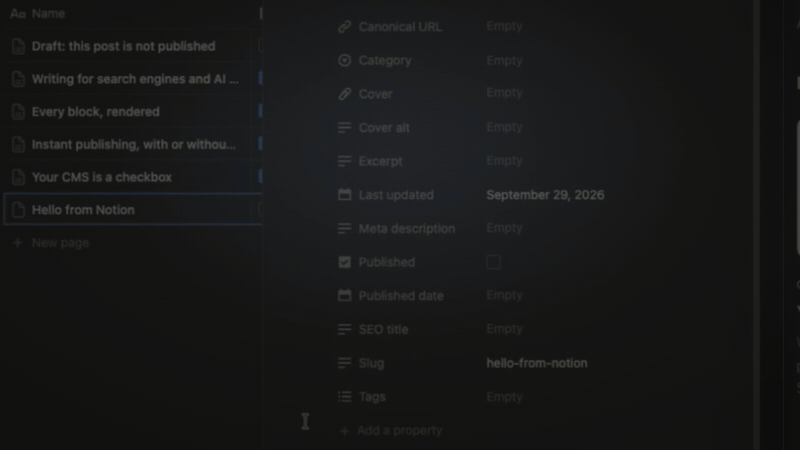 A post is ticked Published in Notion and appears on the demo site 39 seconds later in this recording, on the free Notion plan