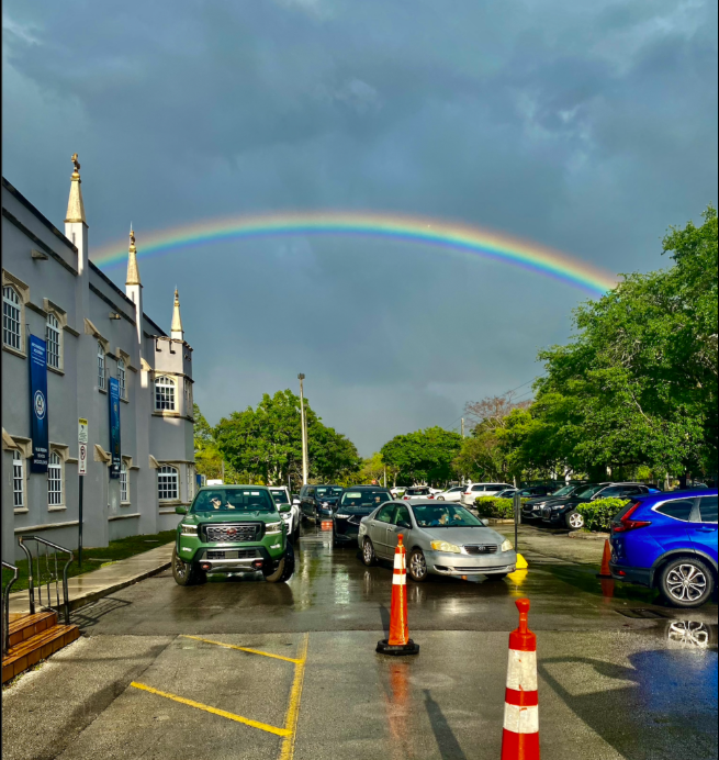 Rainbow over school pickup