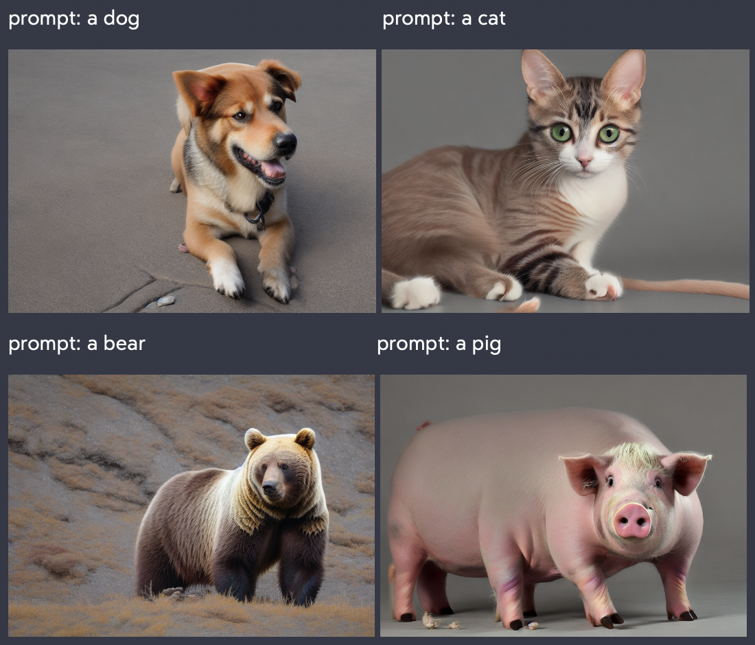 4 images generated using dreamlike-photoreal-2.0 with the negative prompt, "outside", and 4 different prompts: "a dog", "a cat", "a bear", "a pig"