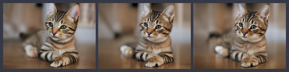 3 images, the first one being generated by dreamlike-photoreal-2.0 using the prompt, a cute, tabby cat, and the following two having been refined in a sequence using stable-diffusion-xl-refiner-1.0