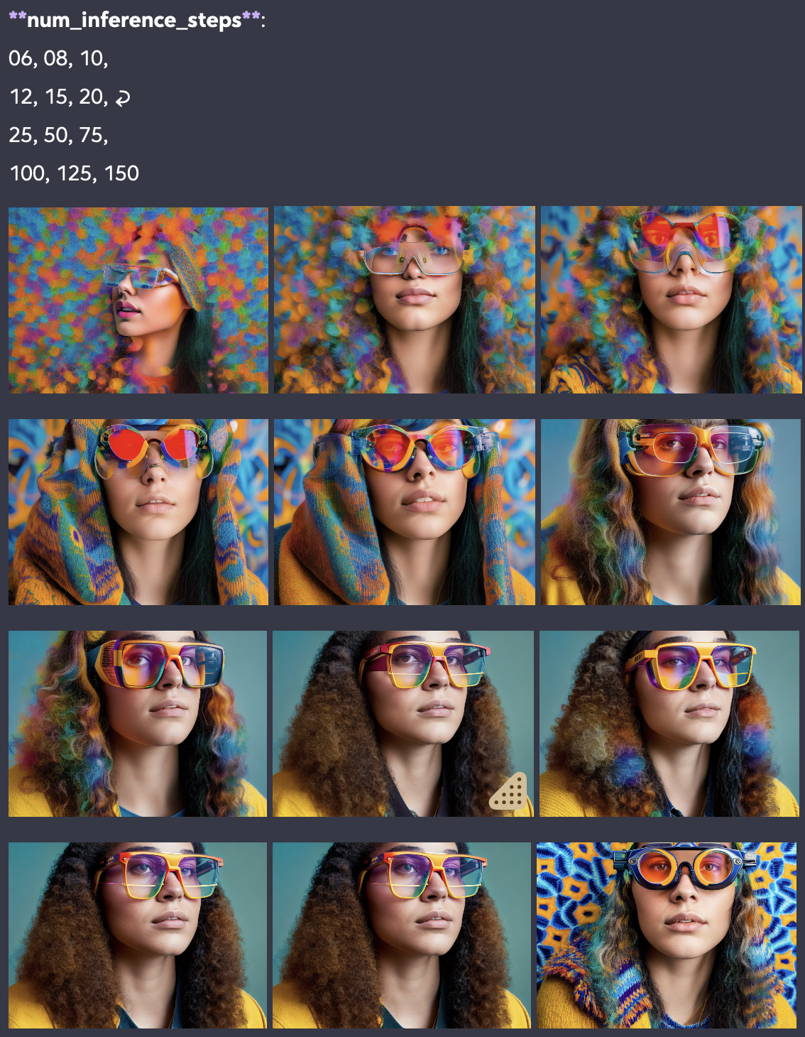 12 images generated using dreamlike-photoreal-2.0 using a different number of steps for each generation, ranging from 6 steps to 150 steps