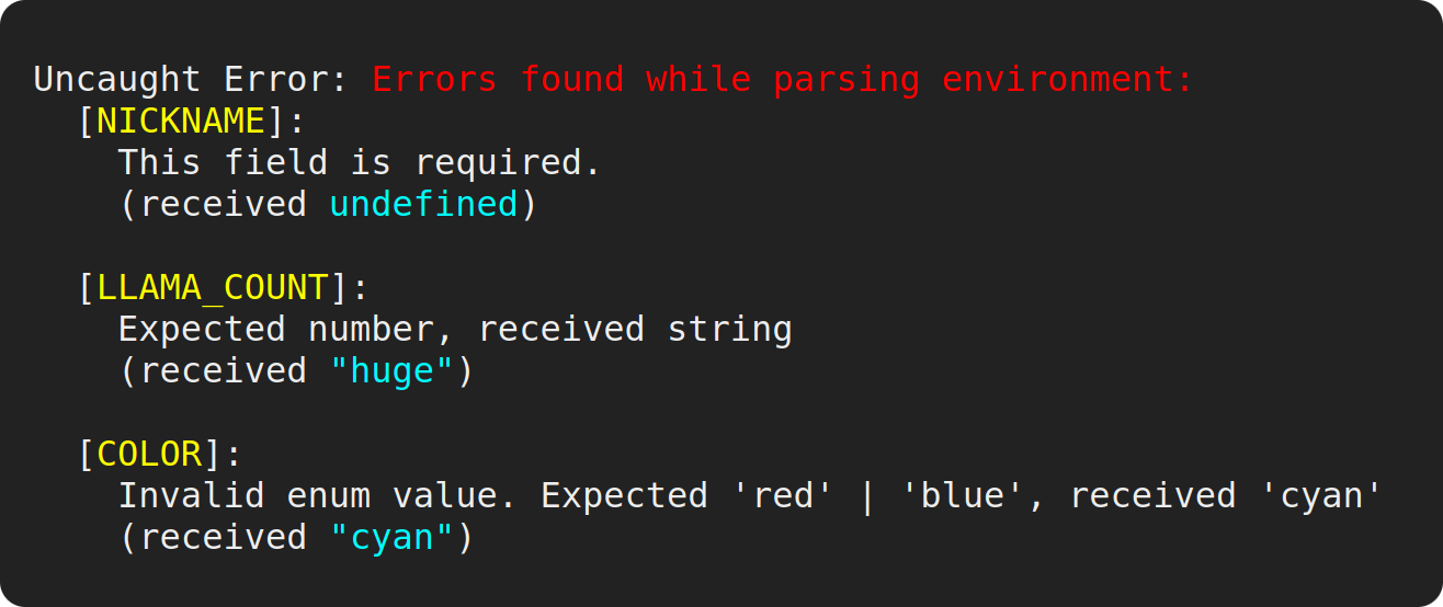 A screenshot showing error output, with parsing errors aggregated and grouped by env var.