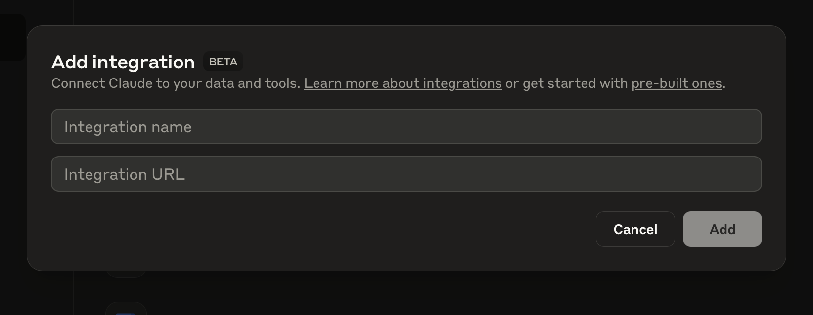 Screenshot of adding an integration to Claude