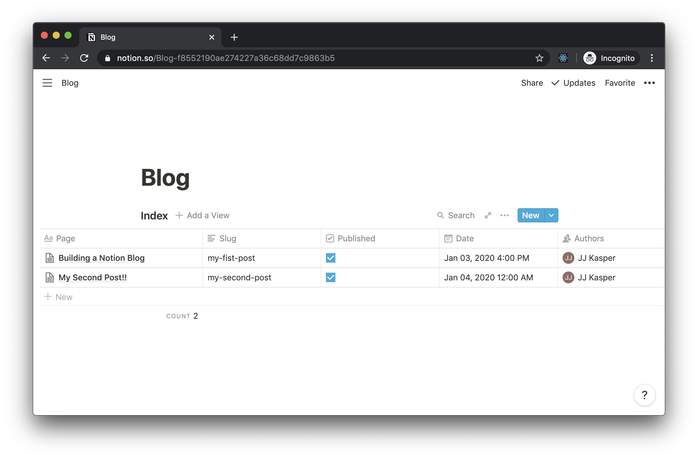 Example Blog Posts Table