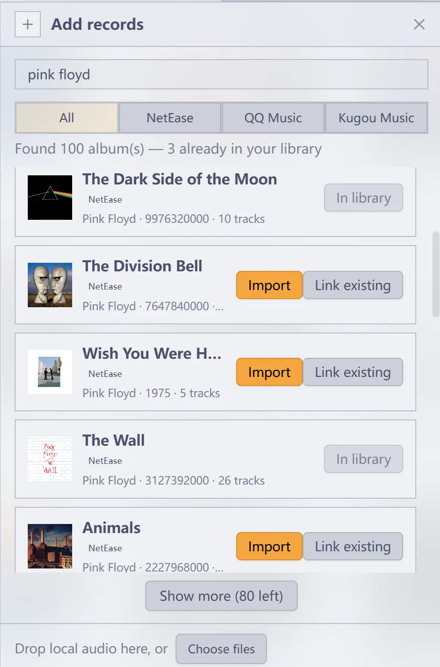 The Add panel: online search results with Import, Link existing, or In library, and the local audio drop zone underneath