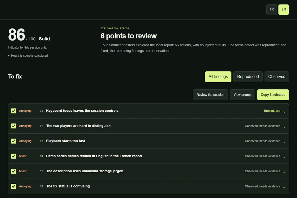 A finding opens to reveal its evidence, then selected findings are assembled into a fix prompt.