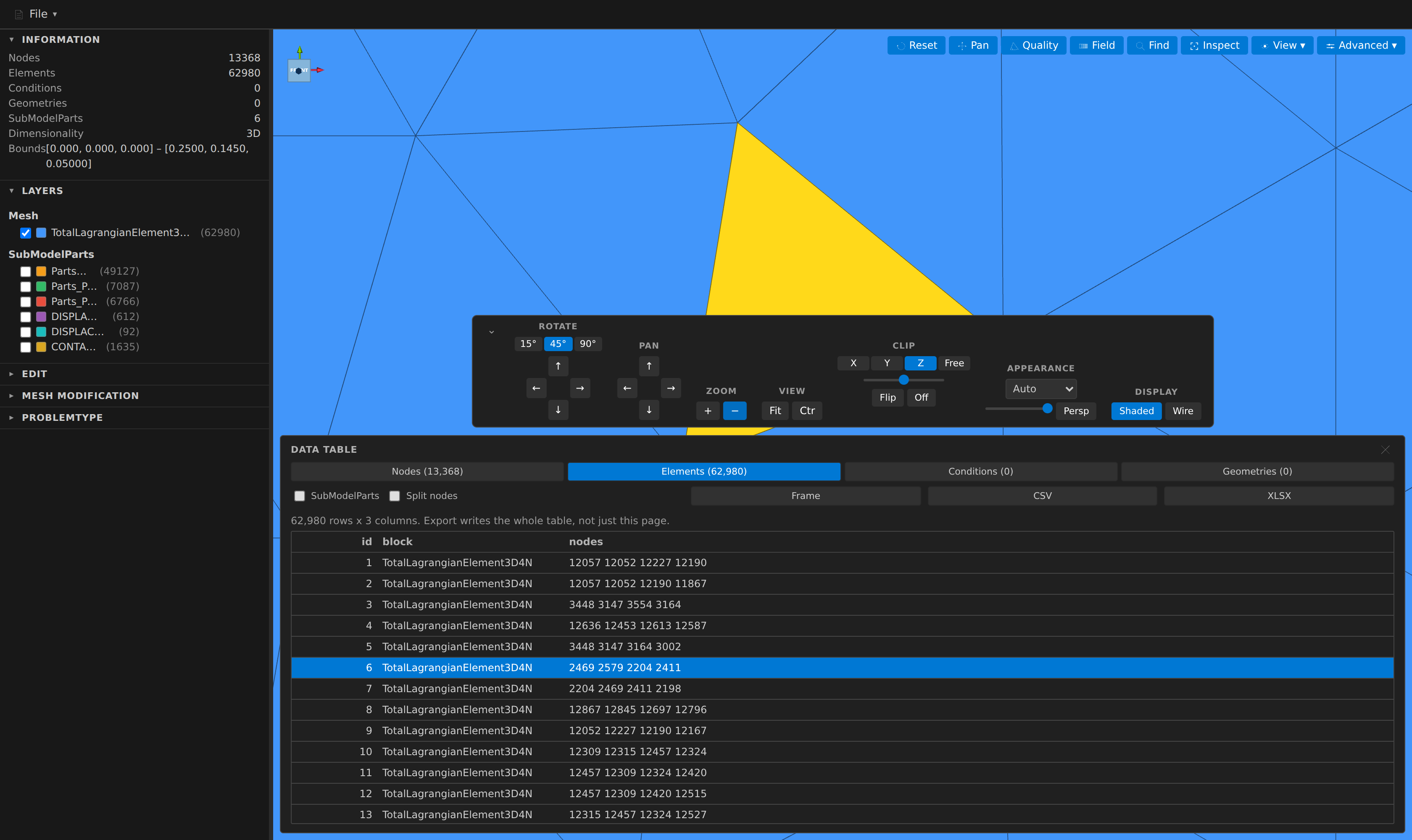 The data table showing every element with its block and connectivity, one row selected and highlighted in the 3D view