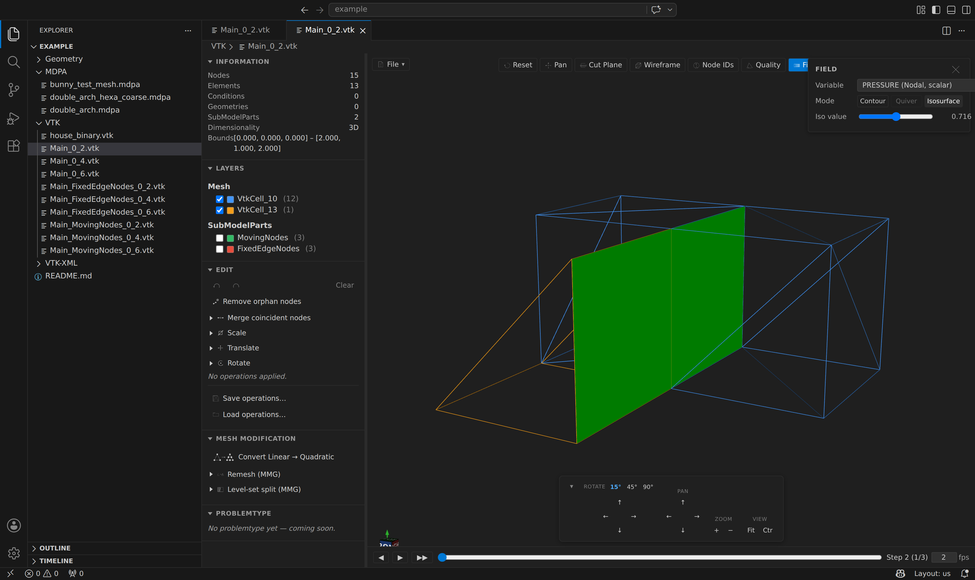 Isosurface mode: the surface where a scalar equals the slider iso-value, cutting through the wireframe mesh