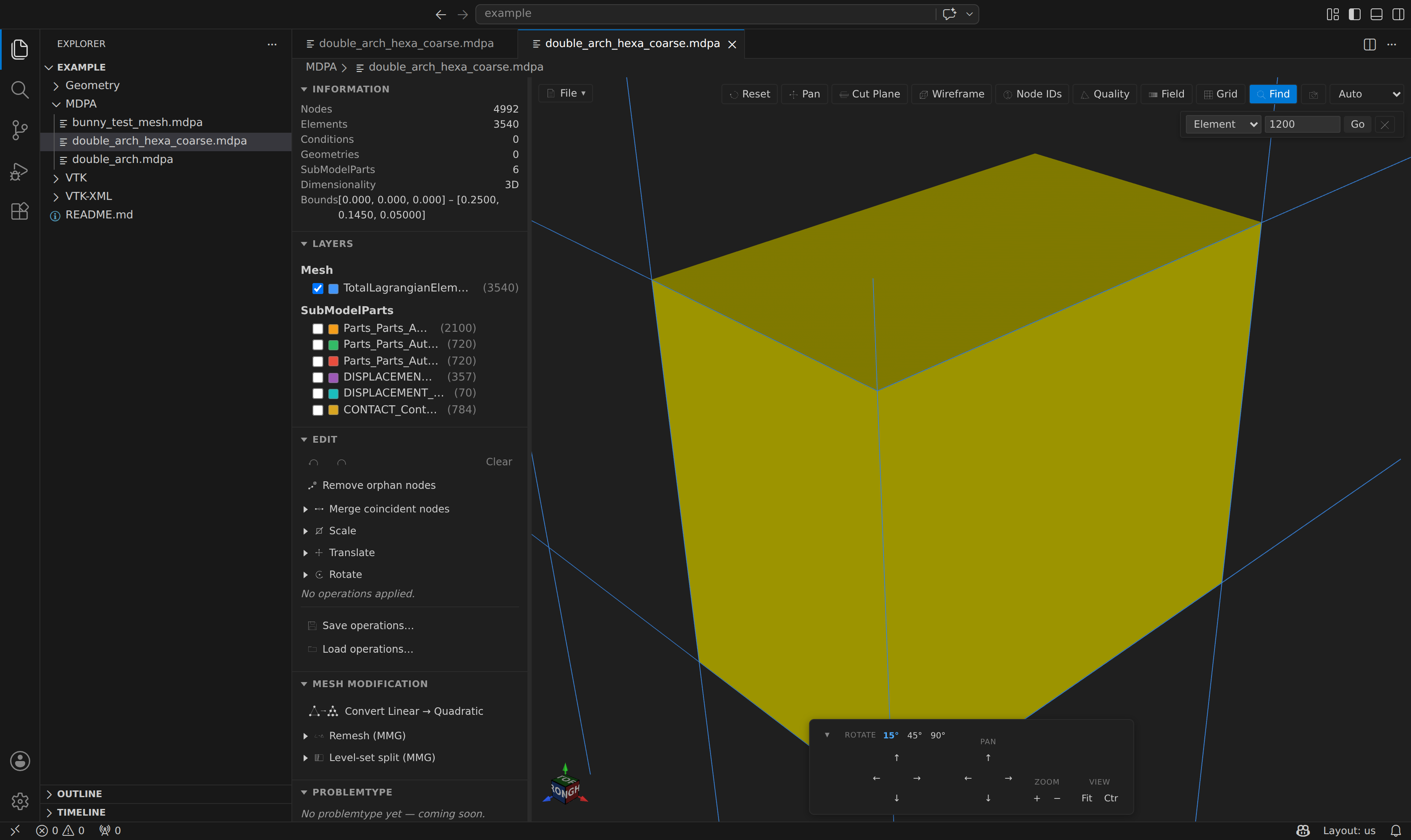 Find: the searched entity highlighted in yellow while the rest of the mesh drops to wireframe