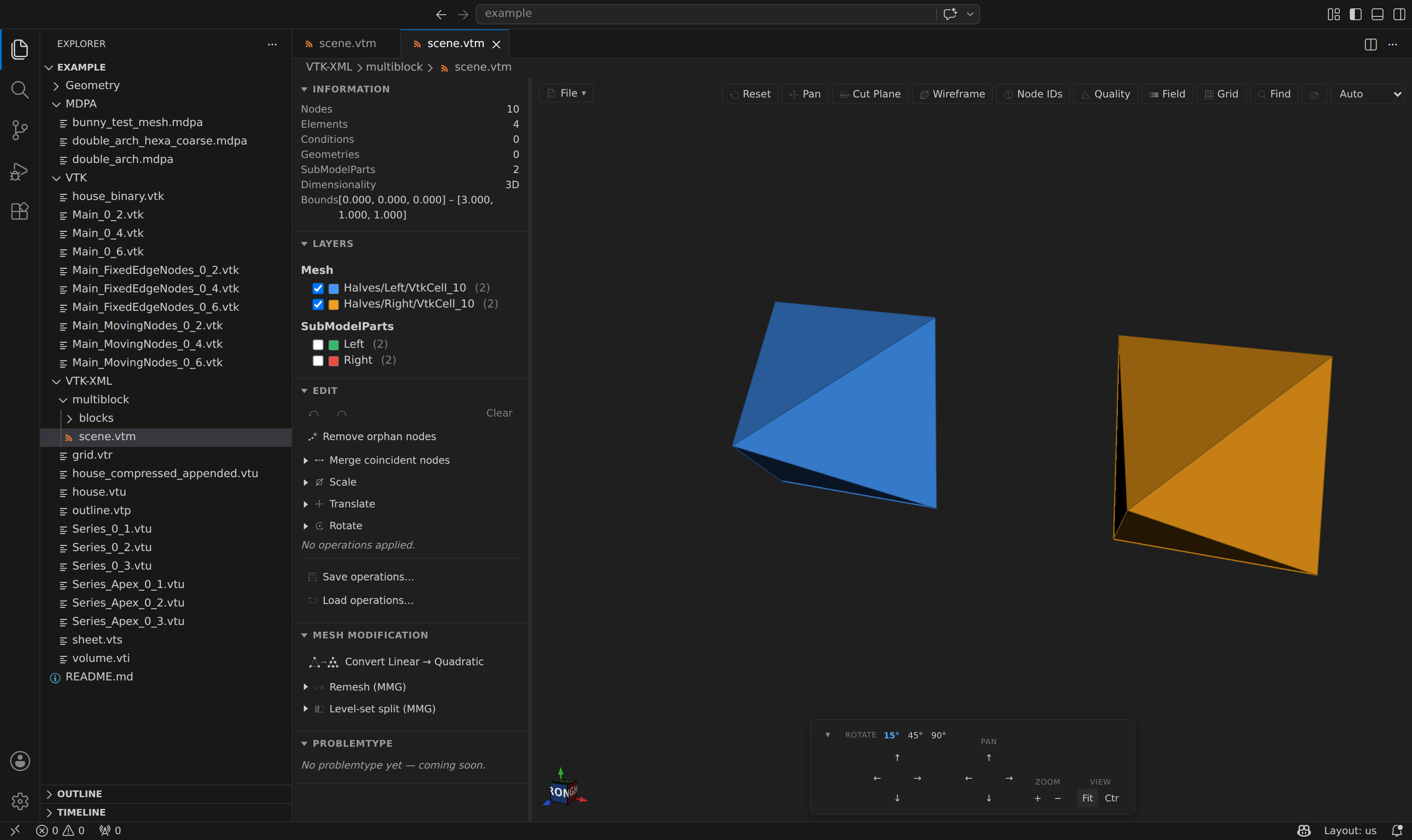 A .vtm multiblock scene: each referenced block loaded as its own colored layer