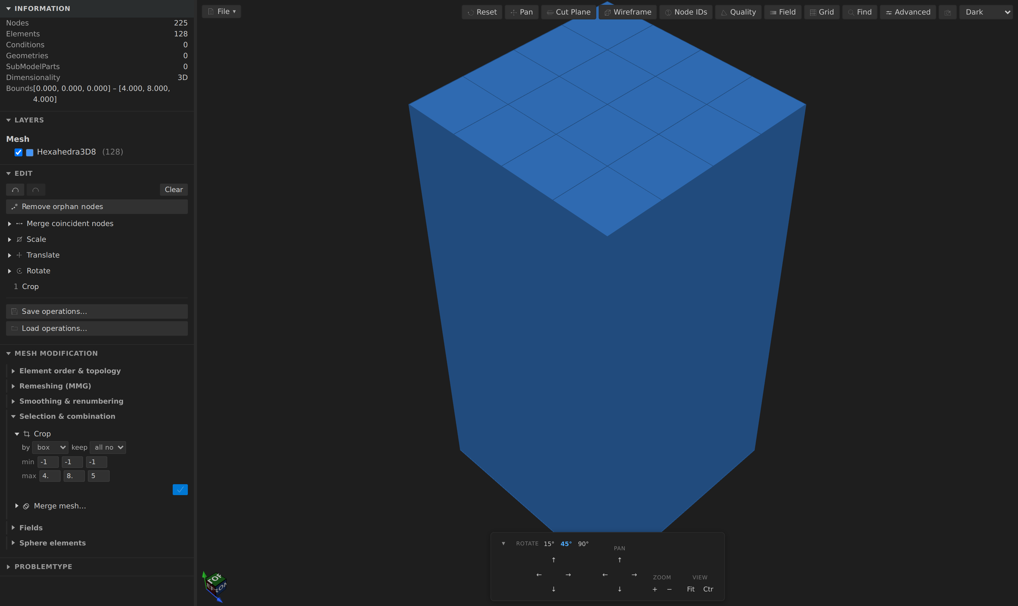 Crop: an 8×8×4 hexahedral block reduced to the half of its cells that fall inside the bounding box, with the Crop form showing the box min and max