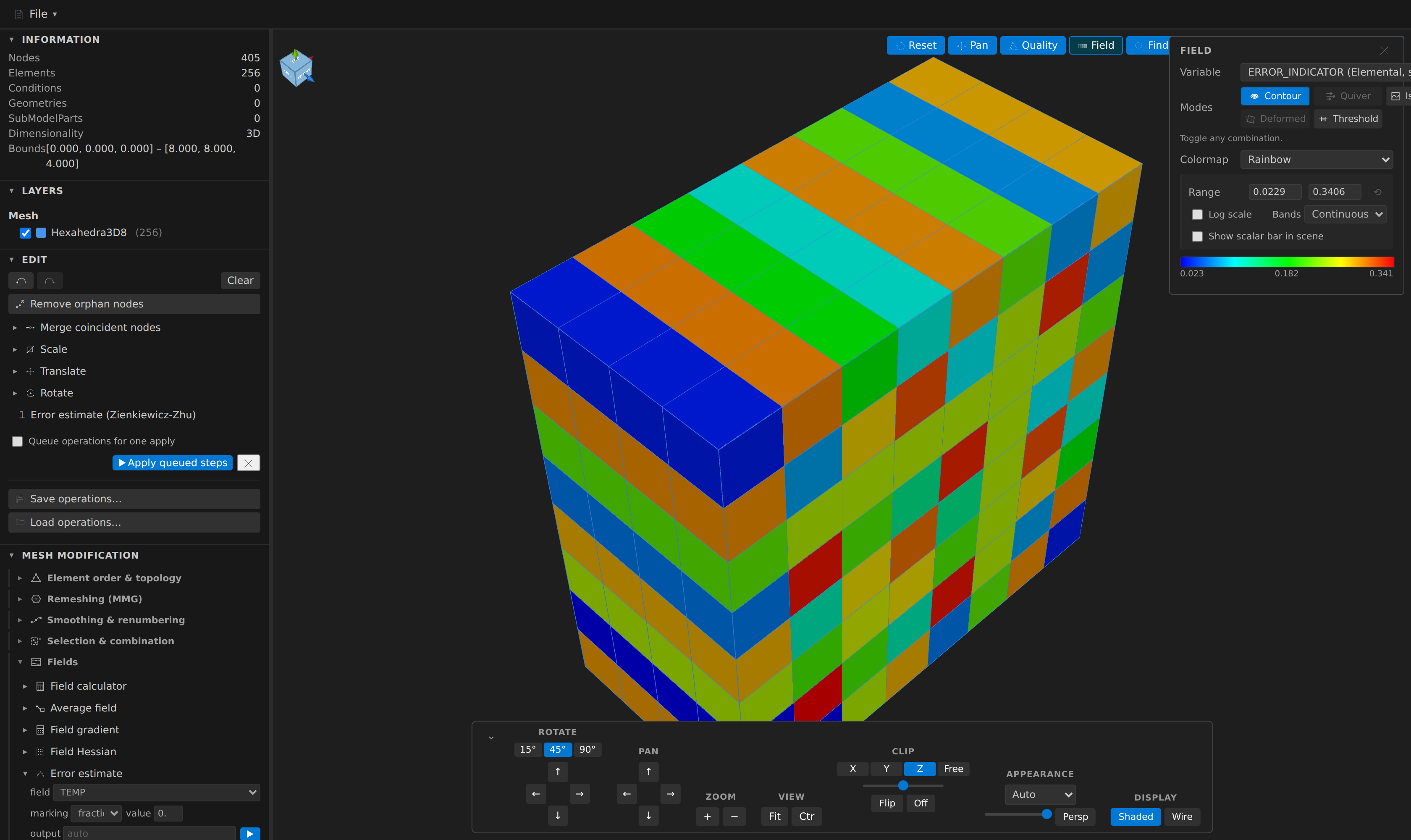 Error estimate: a hexahedral block coloured by the per-cell ERROR_INDICATOR of a sinusoidal nodal field, with the Error estimate form showing marking = fraction and value 0.3