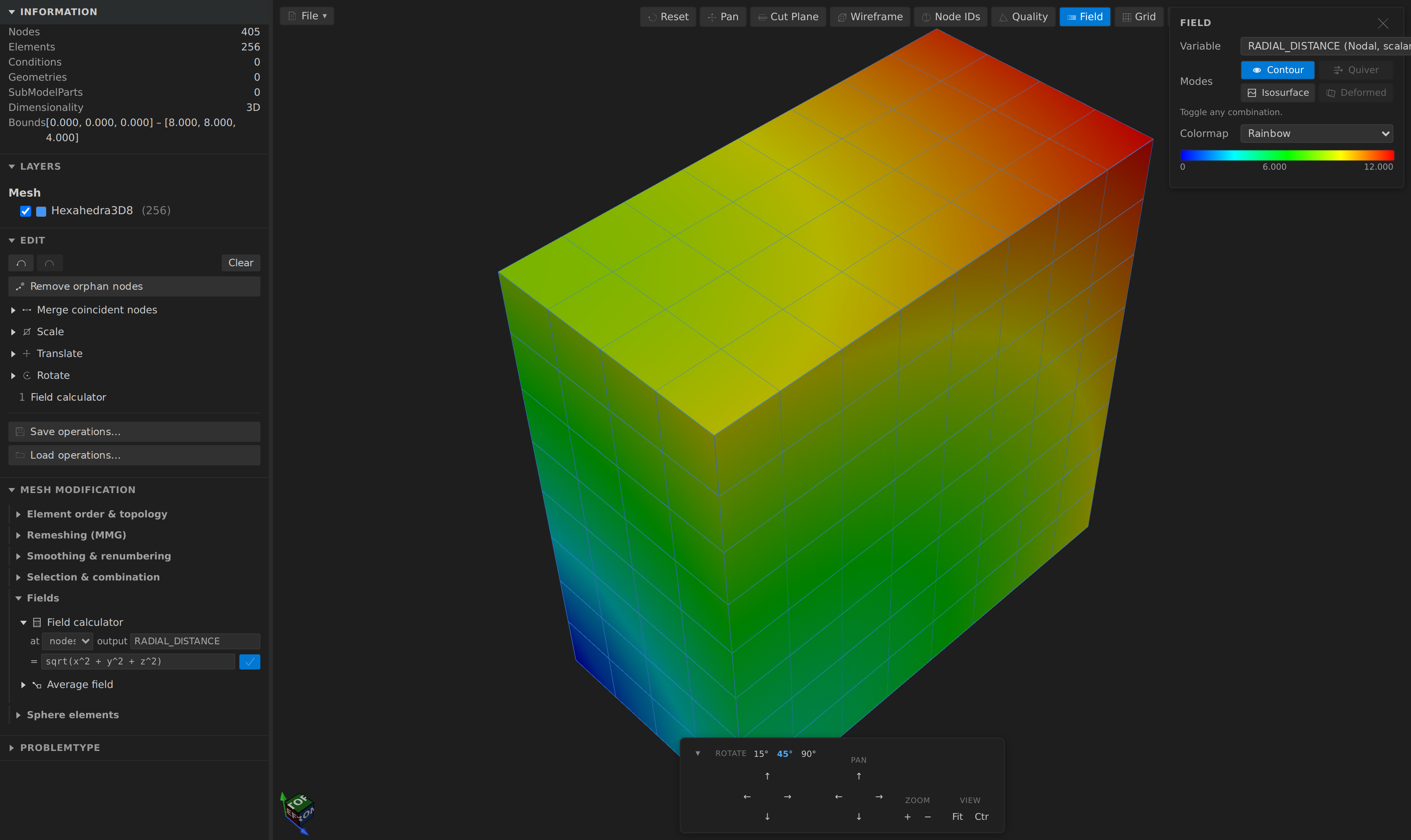 Field calculator: a hexahedral block coloured by a new RADIAL_DISTANCE nodal field computed from sqrt(x^2 + y^2 + z^2), with the formula visible in the Field calculator form