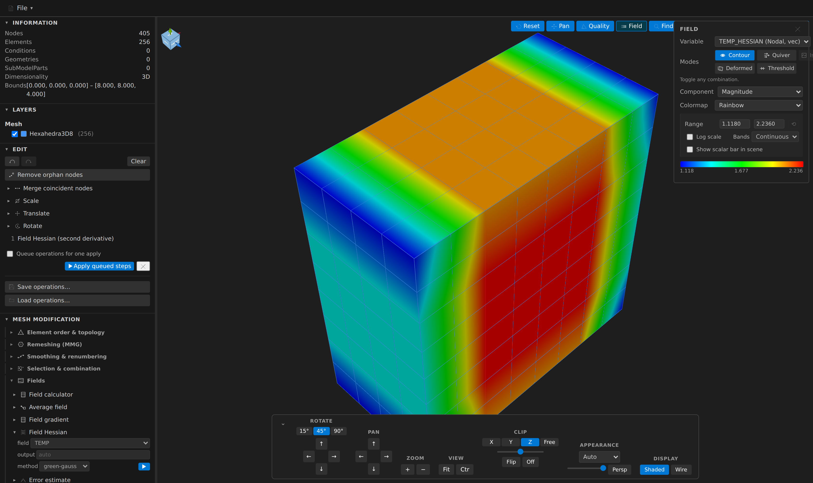 Field Hessian: a hexahedral block coloured by one component of the nine-component TEMP_HESSIAN field computed from a quadratic nodal field, with the Field Hessian form showing method = green-gauss
