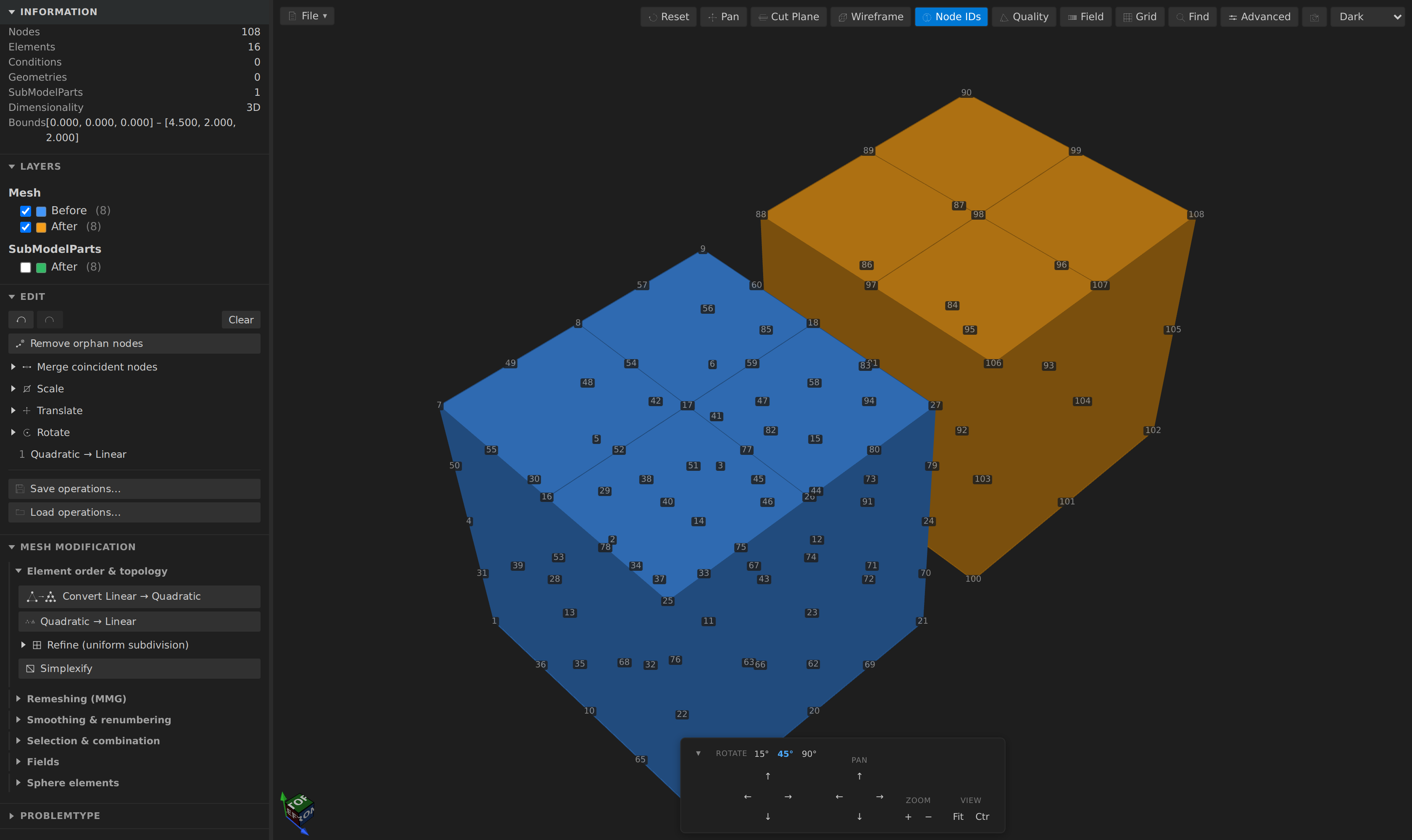 Quadratic → Linear: a quadratic hex block with its mid-edge nodes labelled on the left, the same block reduced to corner nodes only on the right