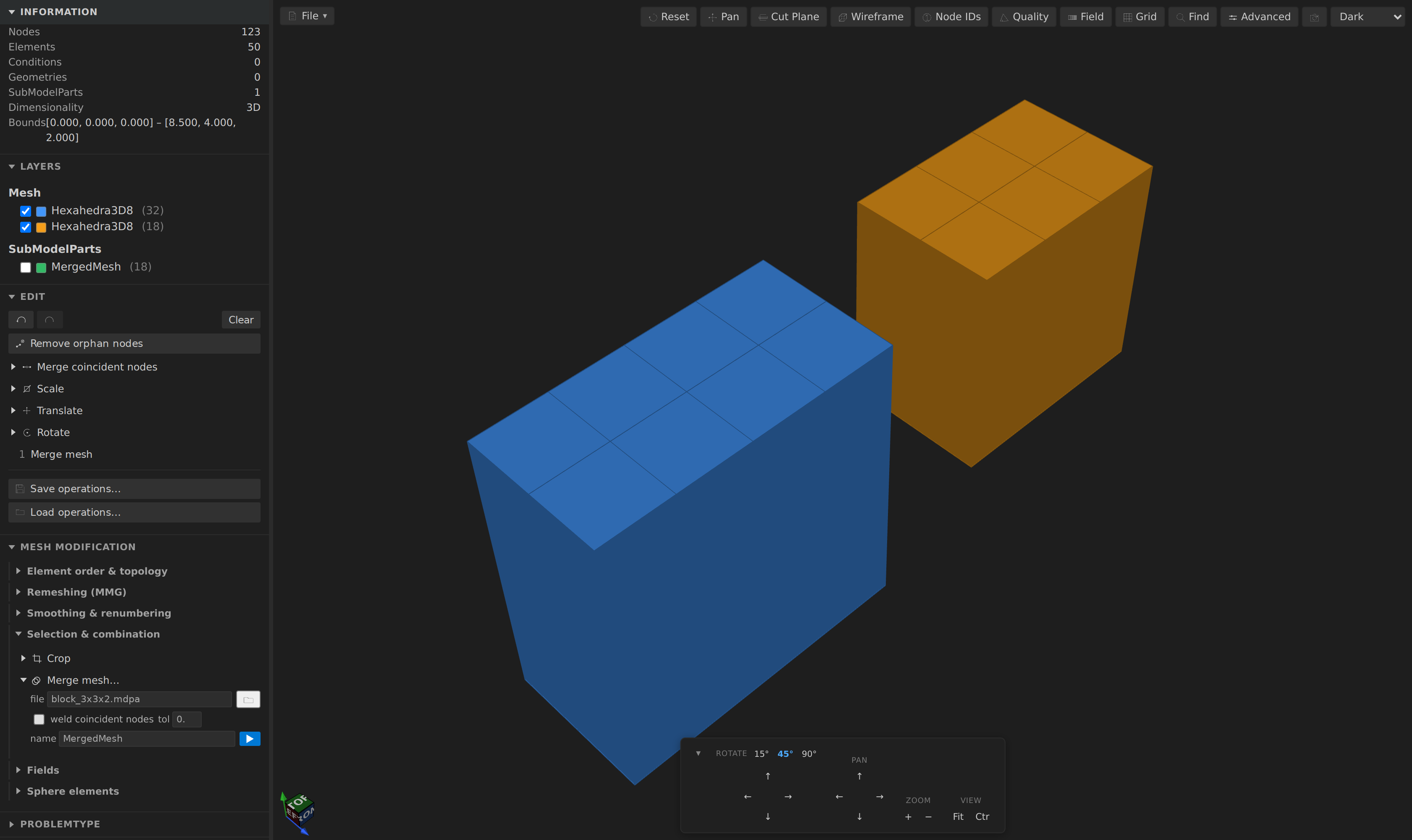 Merge mesh: a 4×4×2 block and a separate 3×3×2 block merged into one model, the merged-in geometry listed as the MergedMesh SubModelPart