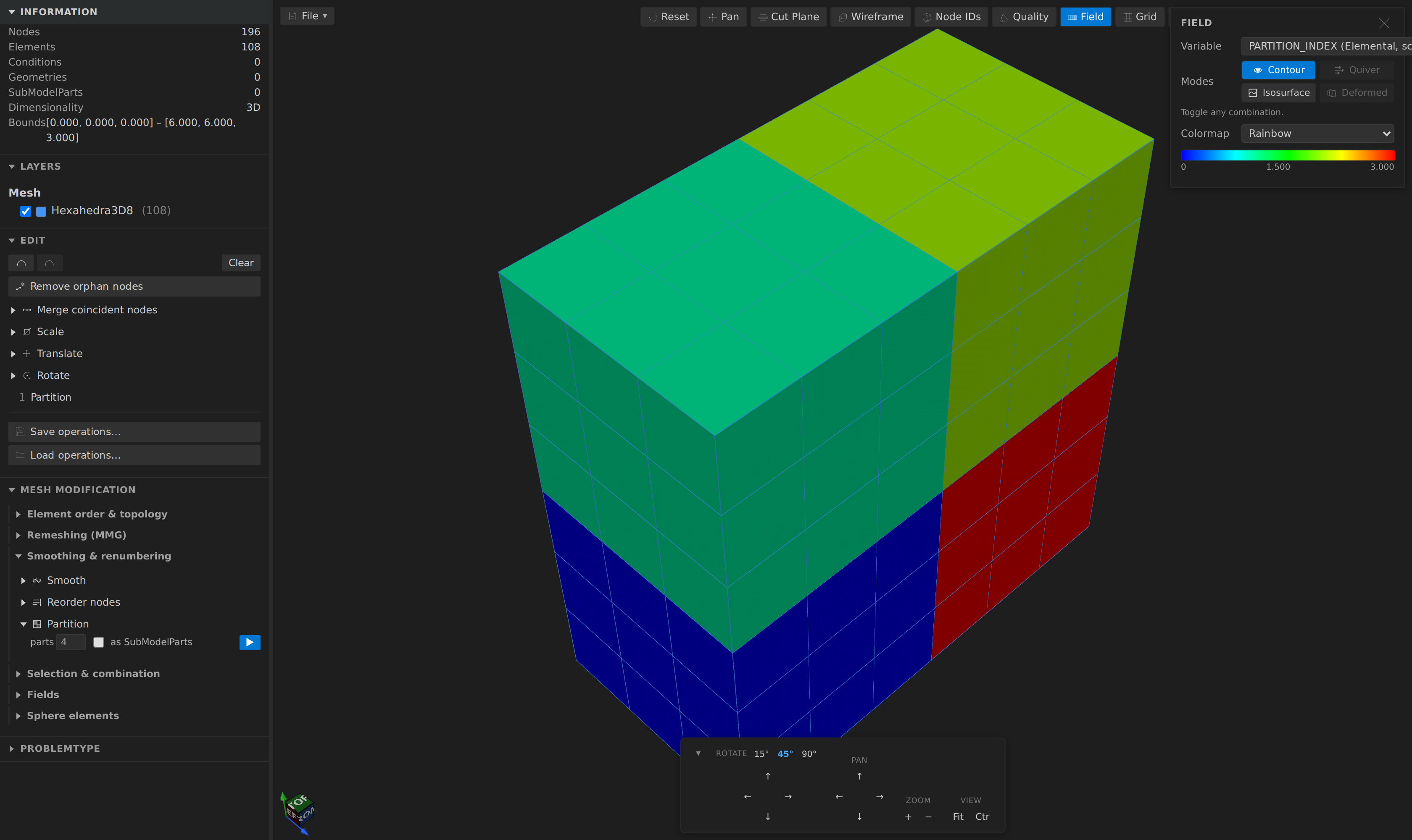 Partition: a hexahedral block coloured into four contiguous domains by the PARTITION_INDEX field, with the Field panel showing PARTITION_INDEX and the Partition form showing 4 parts