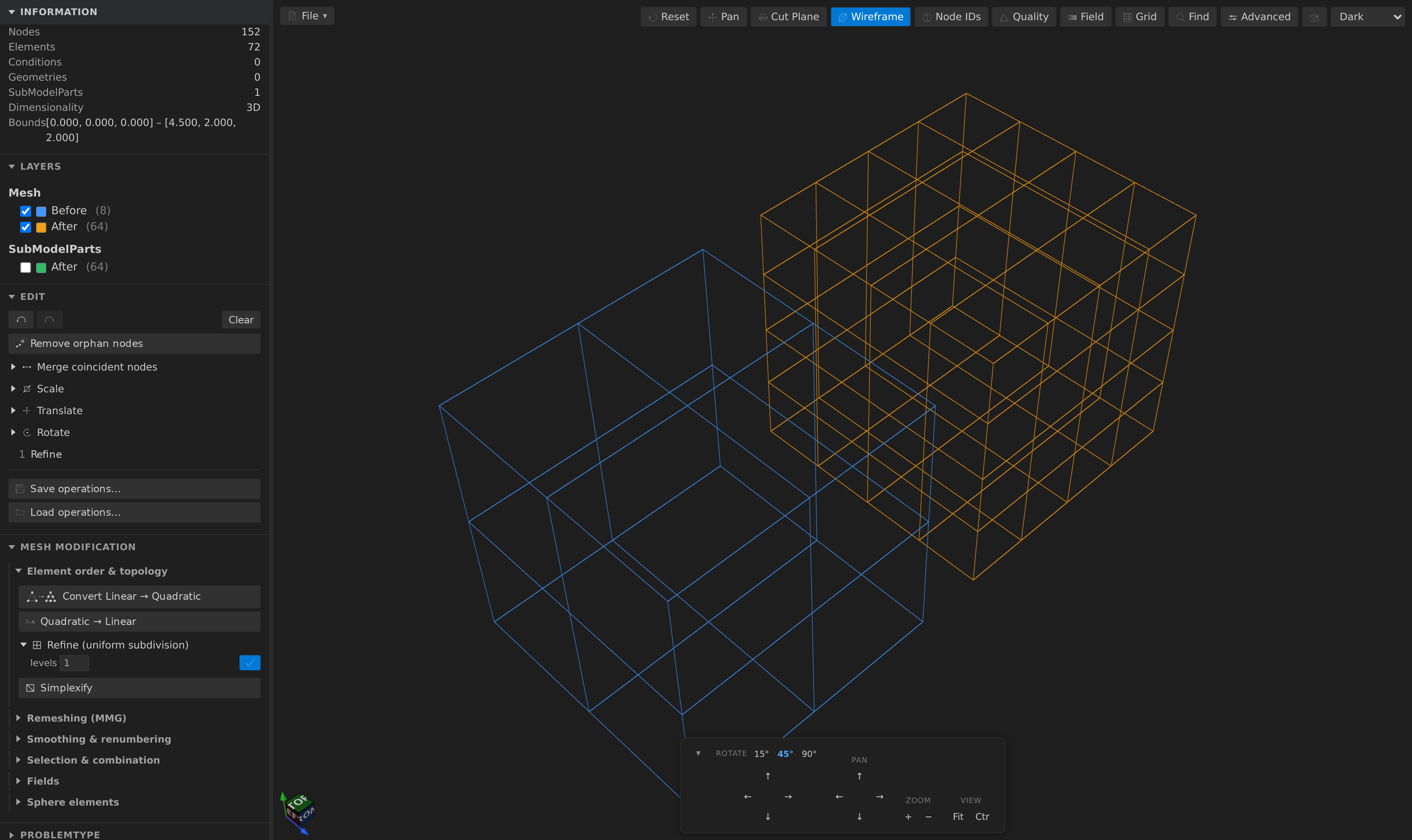 Refine: a 2×2×2 block of hexahedra on the left, the same block after one level of uniform subdivision into 4×4×4 on the right, with the Refine form showing levels = 1