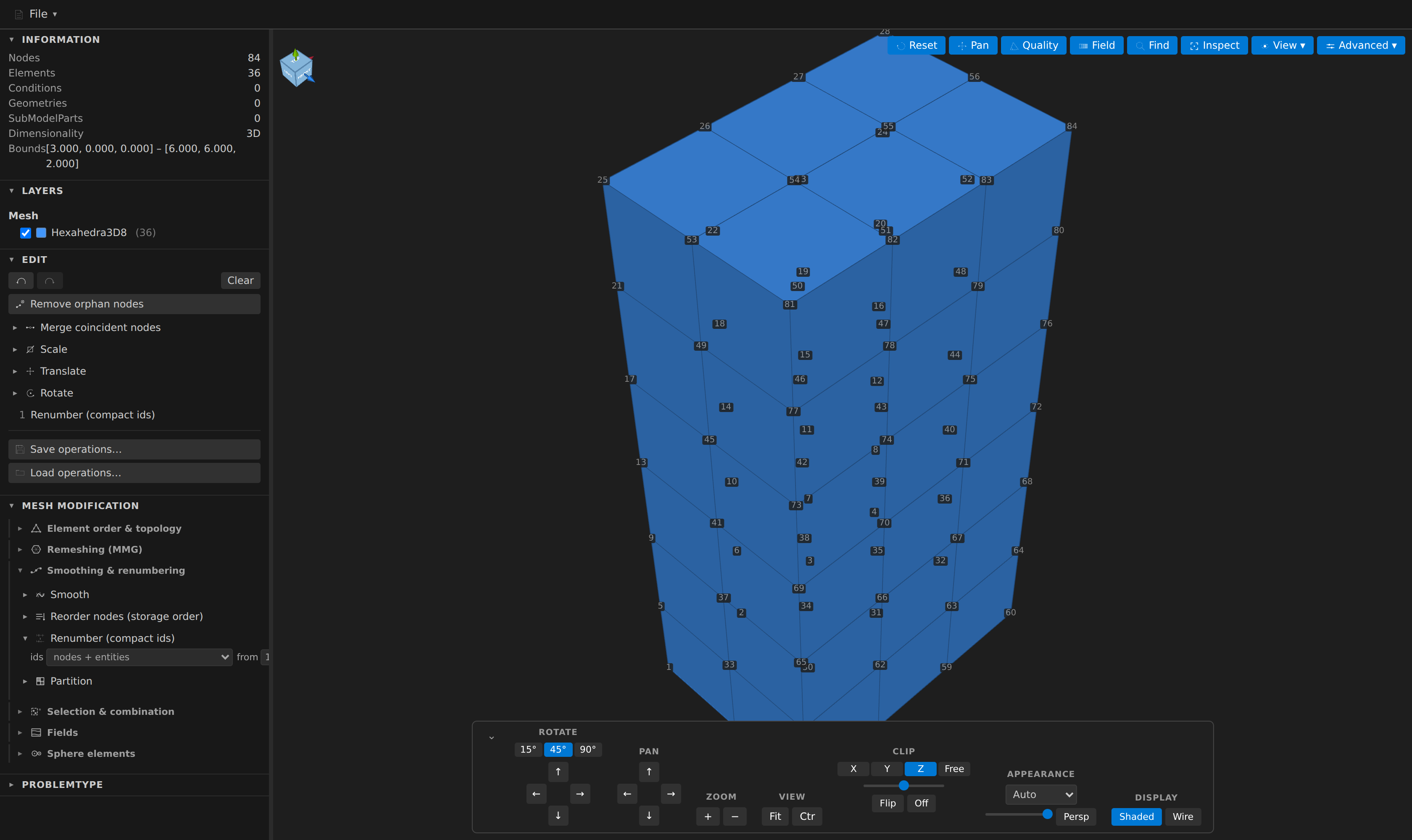 Renumber: a cropped hexahedral block with node-id labels showing a gapless 1–84 run, and the Renumber form showing ids = nodes + entities, from 1