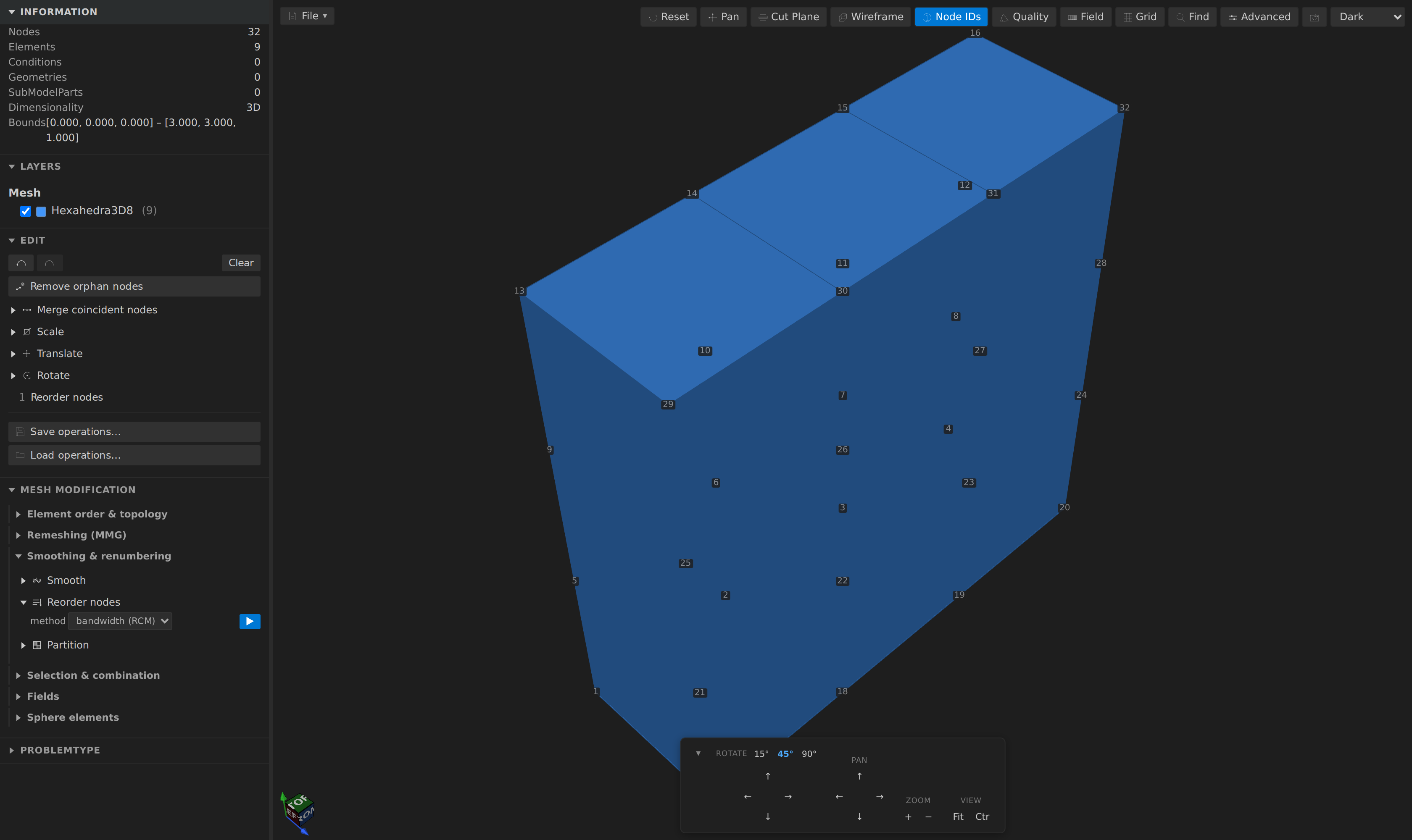 Reorder: a hexahedral block with node-id labels shown after RCM renumbering, with the Reorder form showing method = bandwidth (RCM)