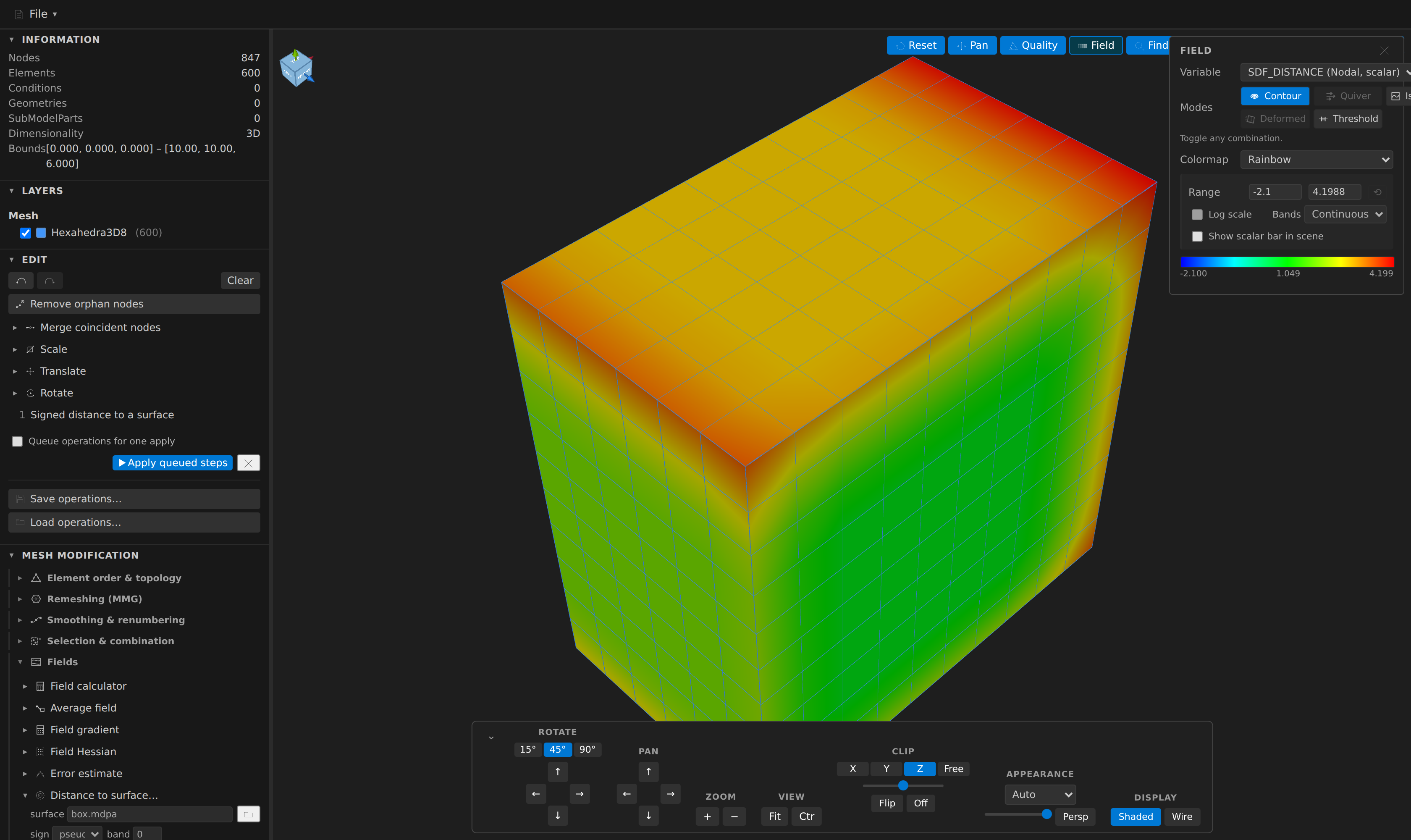 The Distance to surface form: a surface mesh chosen via Browse, the sign mode set to pseudonormal, and the output field named SDF_DISTANCE