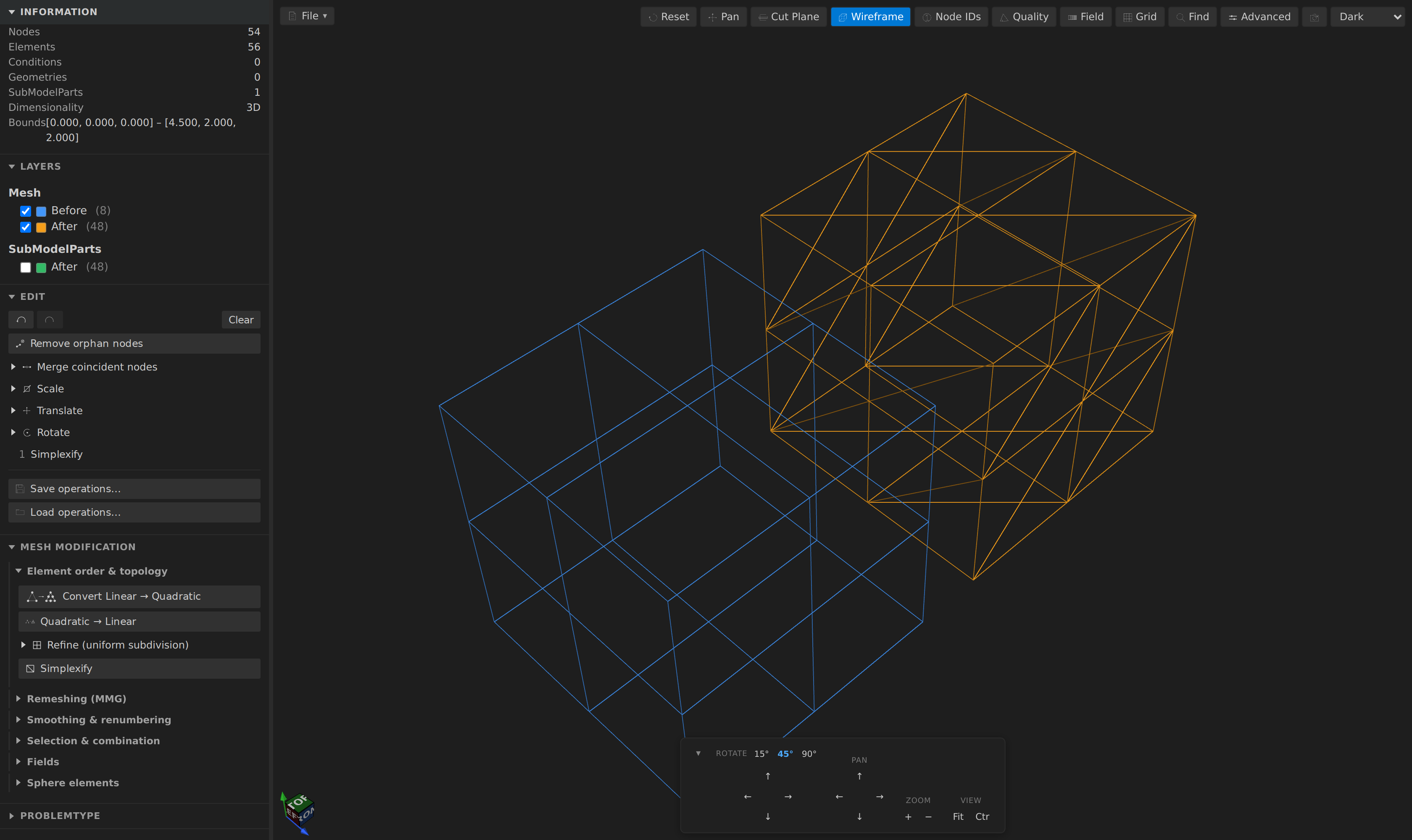 Simplexify: a block of hexahedra on the left, the same volume decomposed into tetrahedra on the right, shown in wireframe