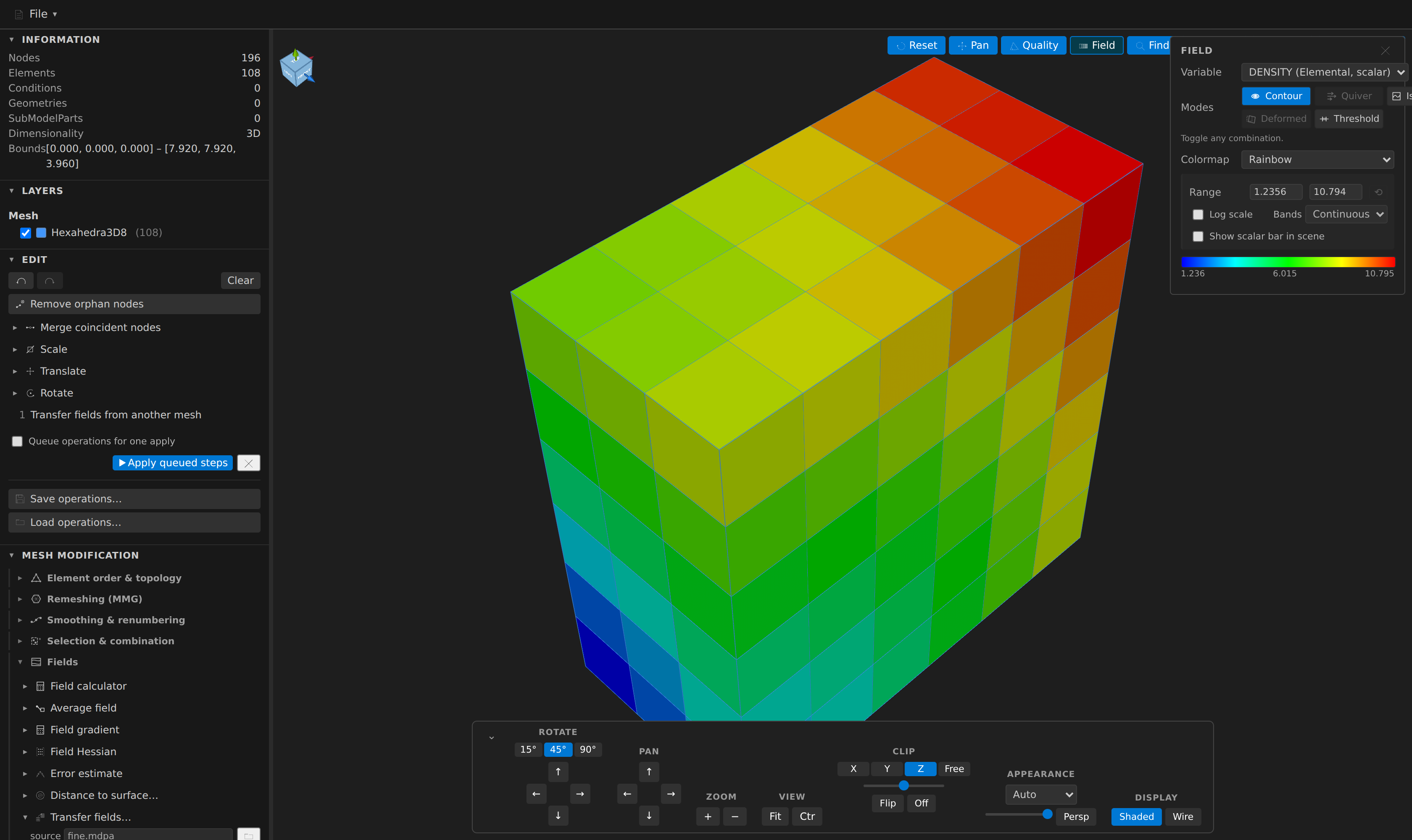 Transfer fields: a coarse hexahedral block coloured by a DENSITY field conservatively transferred from a finer mesh, with the Transfer fields form showing on clash = overwrite