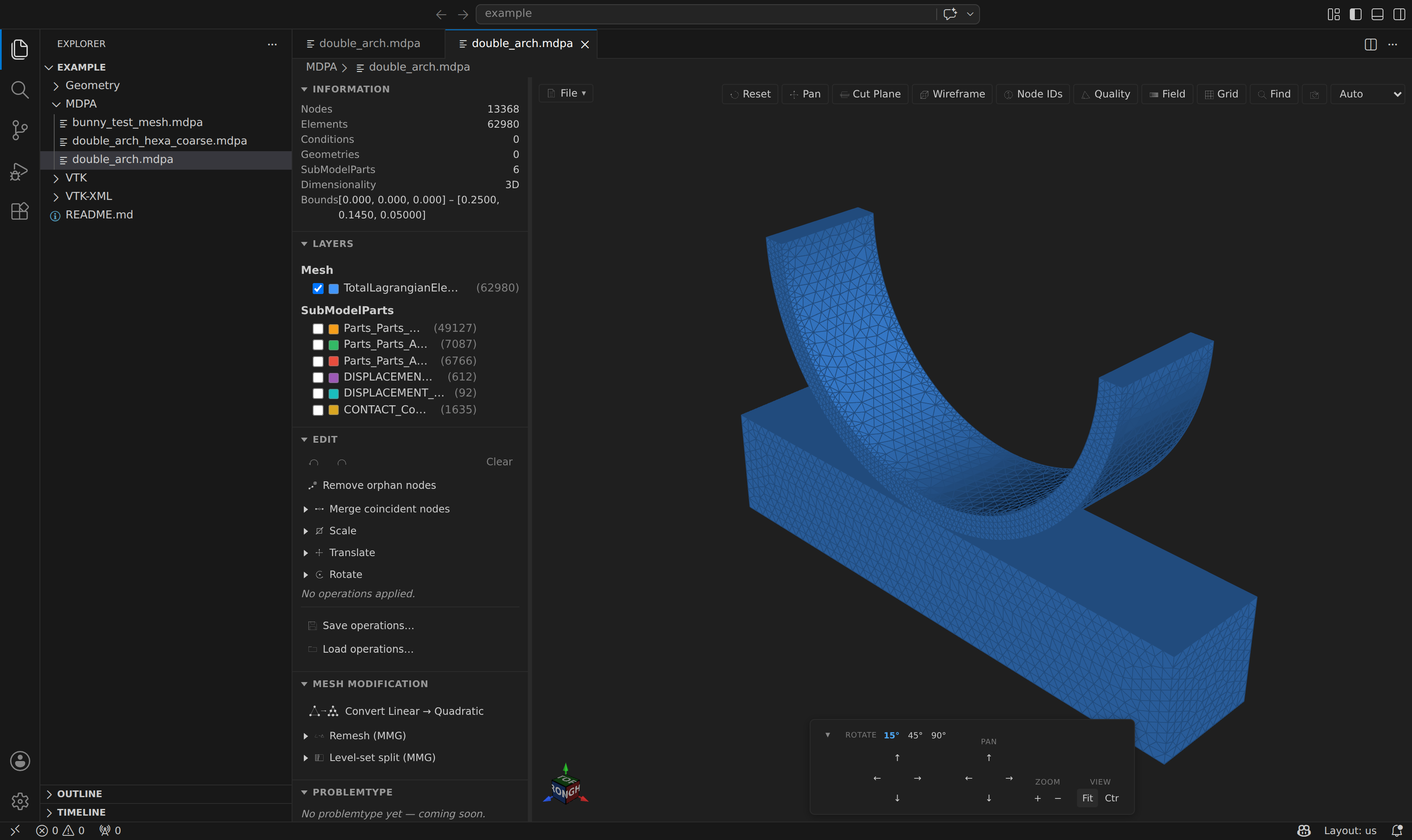 The MDPA preview: 3D mesh, ModelPart / SubModelPart outline, stats, and toolbar