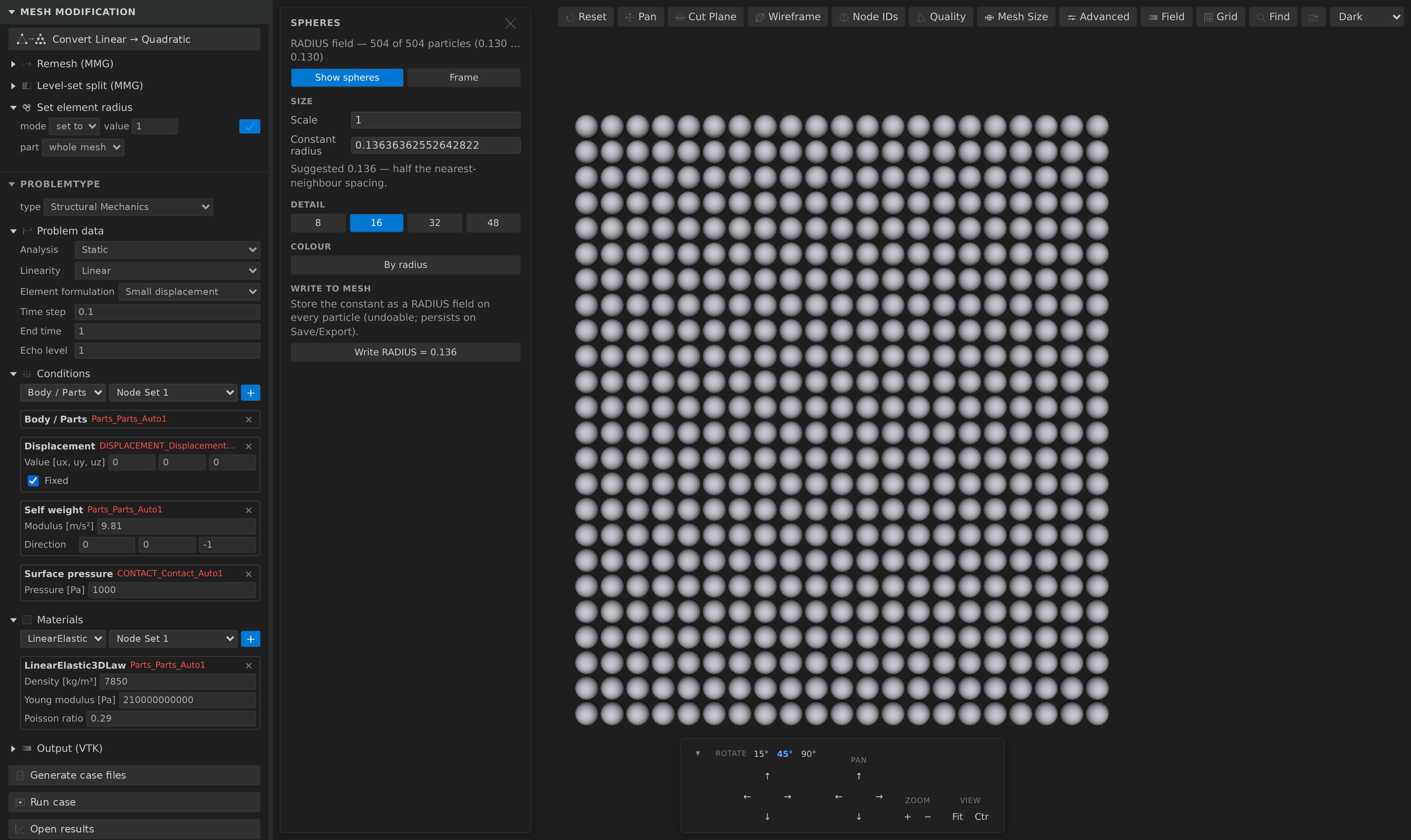 Exodus SPHERE particles rendered as real spheres sized by their RADIUS, with the Spheres panel and the Set element radius form