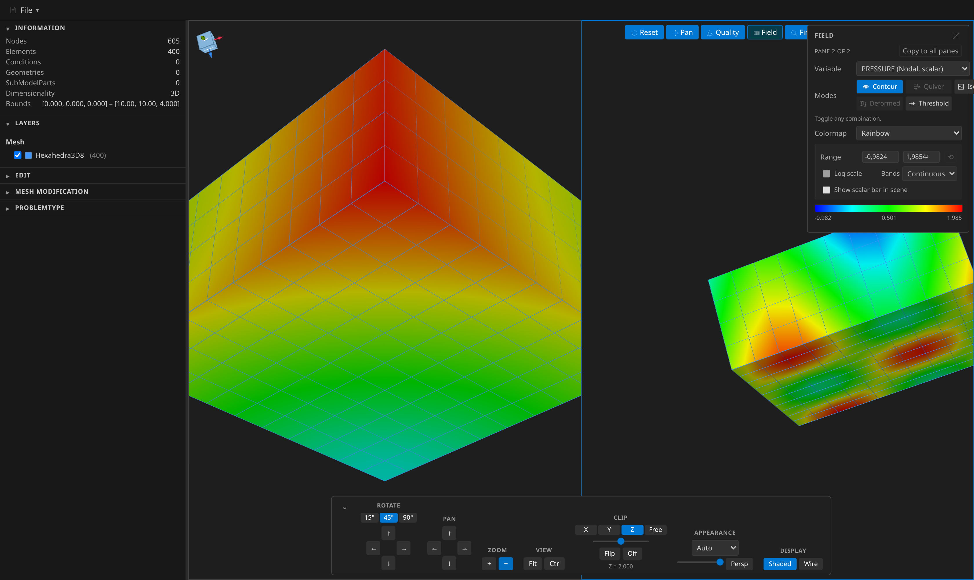 Two panes of one mesh, each coloured by a different variable