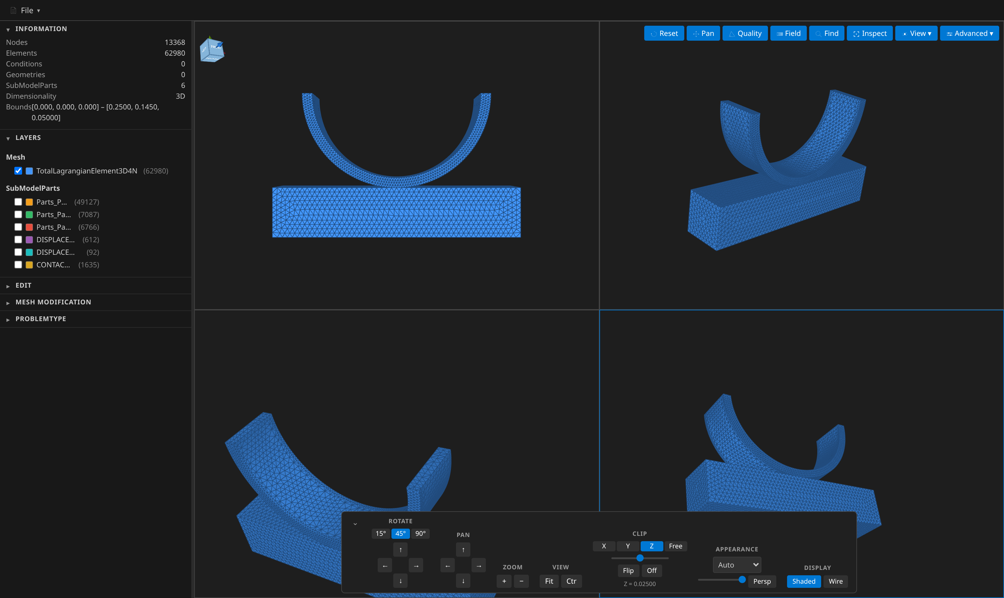 The same mesh in four viewports, each with its own camera, the focused pane outlined
