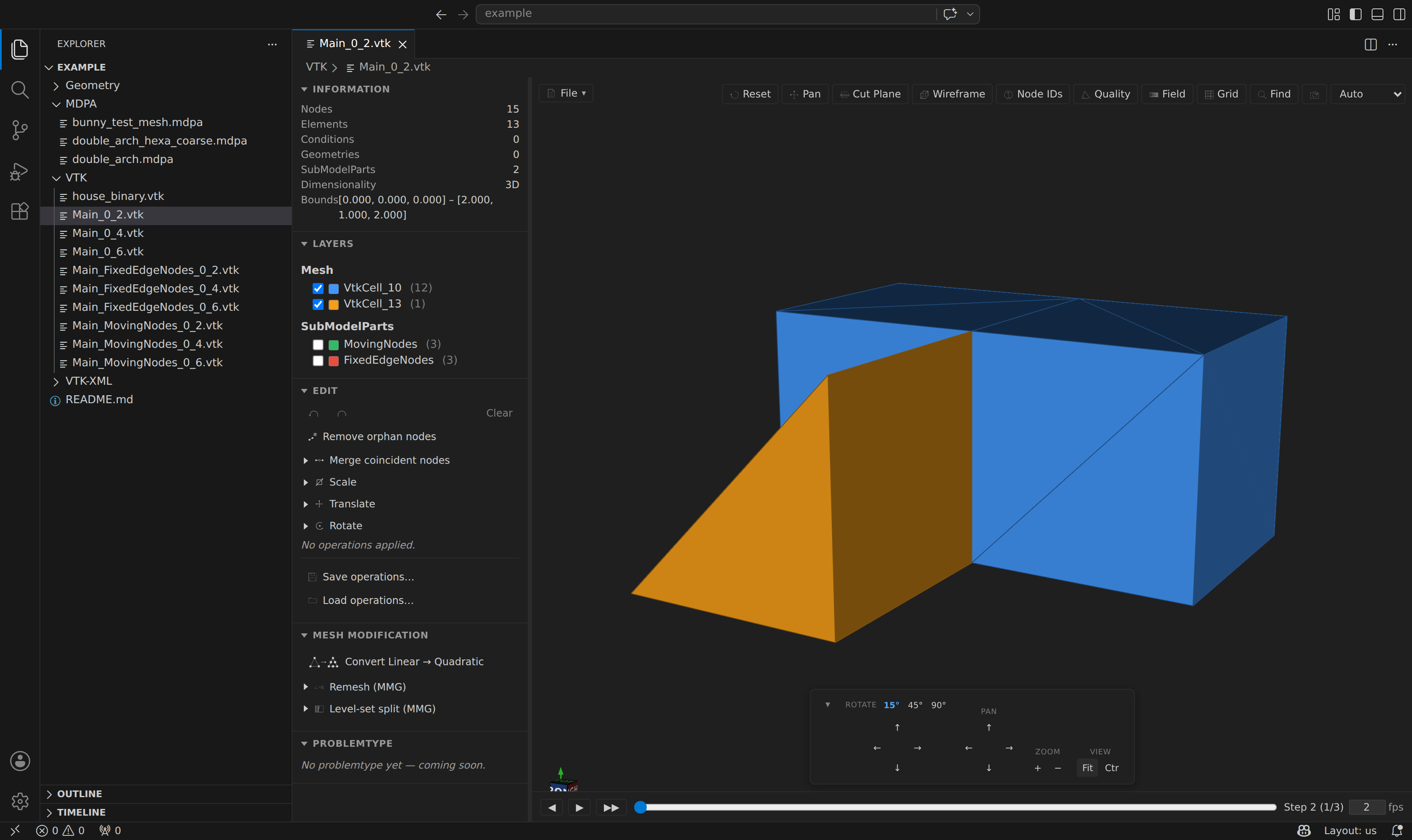 The timeline bar at the bottom of the viewport: step buttons, play/pause, scrubber, step label, and fps input
