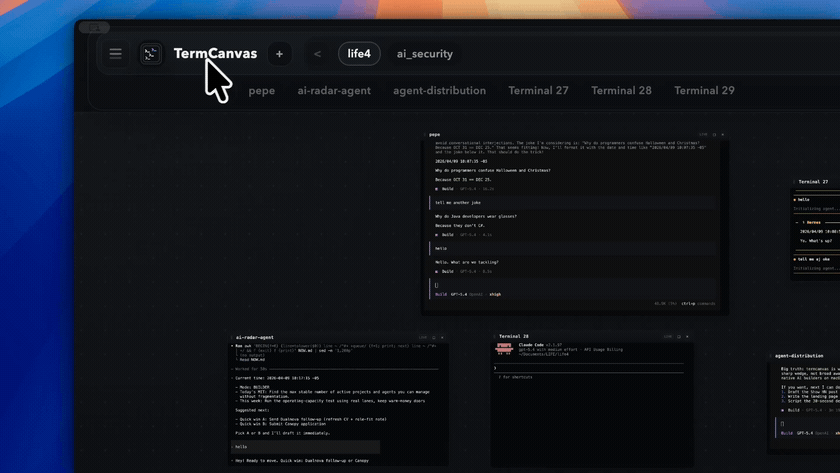 TermCanvas demo GIF showing live terminal nodes being arranged on the canvas