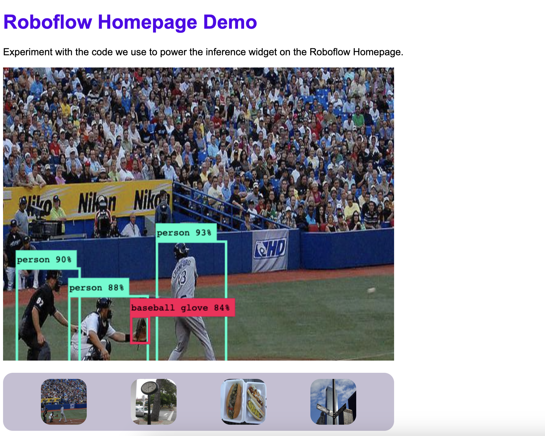 Roboflow Homepage Demo screenshot showing inference on an image of a baseball scene