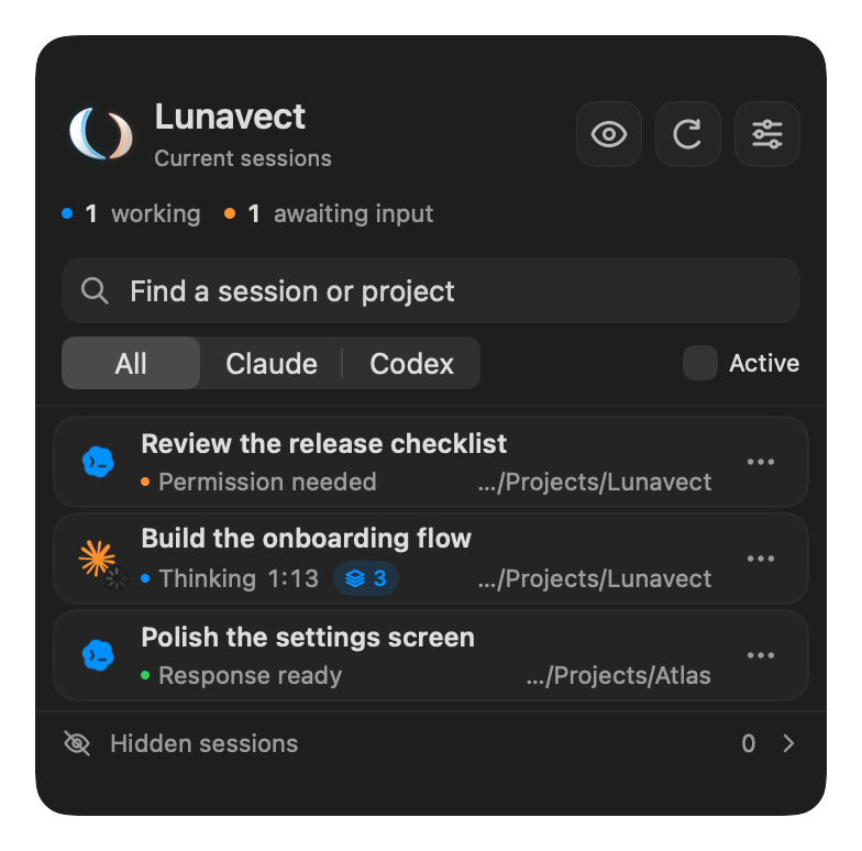 Lunavect session panel: a Claude task thinking with a capsule showing three background tasks, a Codex task waiting for permission and a response that is ready