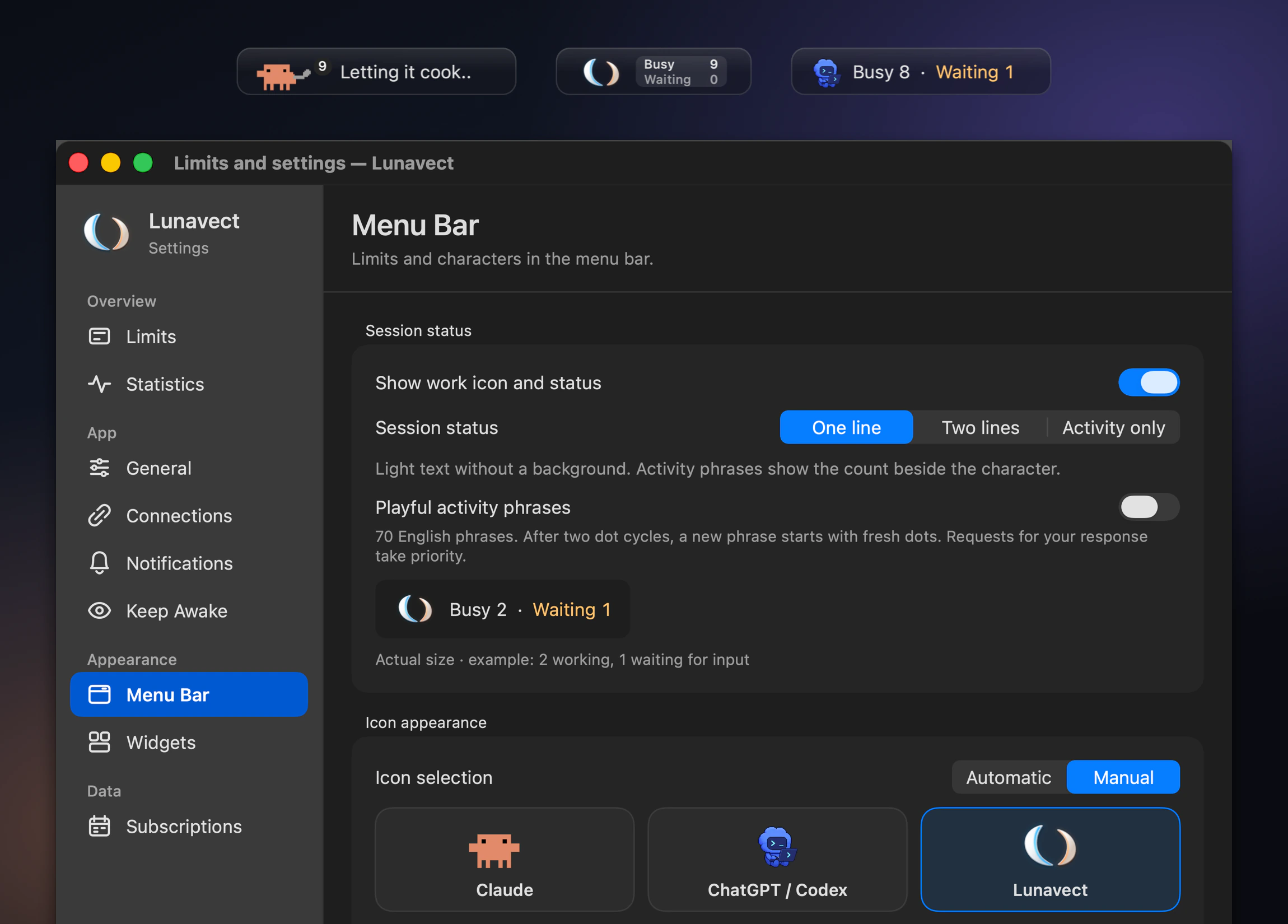 Menu bar status styles with the Claude, Lunavect and Codex characters above the Menu Bar settings, where the character and status style are chosen