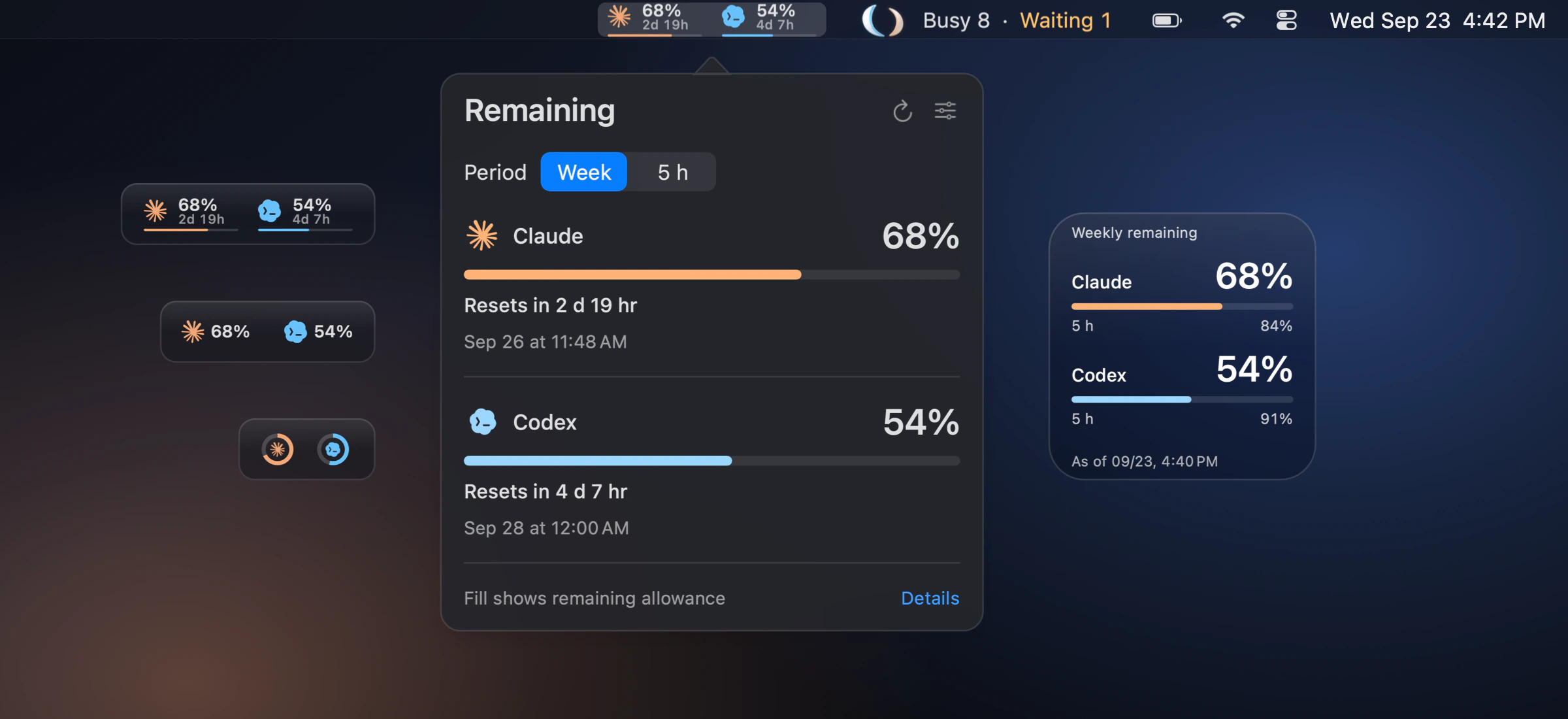 Claude 68% and Codex 54% of weekly usage left, shown in the menu bar as bars, percentages and rings, in the Remaining popover with reset dates and in a small desktop widget